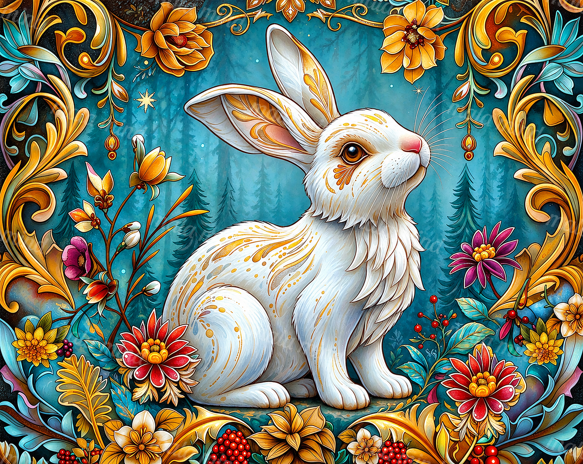 White rabbit with golden markings surrounded by colorful flowers and evergreen trees in a teal woodland scene. — 02_master_artwork