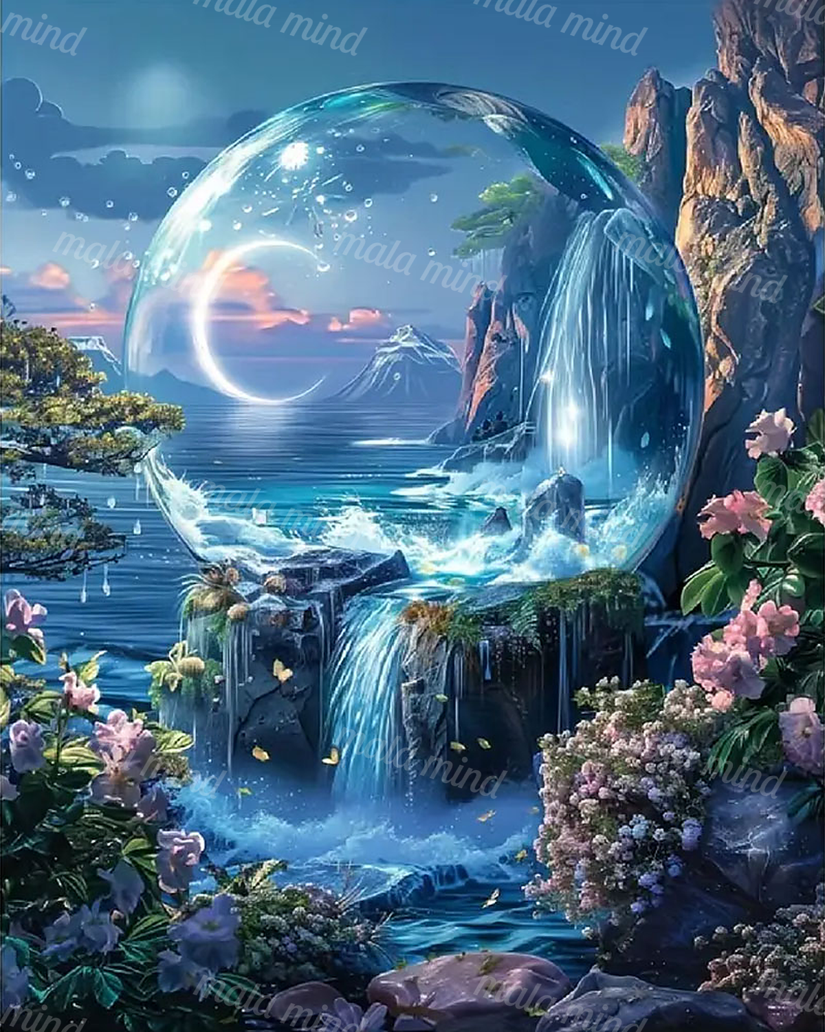 Transparent sphere above waterfalls and a calm sea, framed by cliffs, mountains, mossy rocks, and flowers. — 02_master_artwork