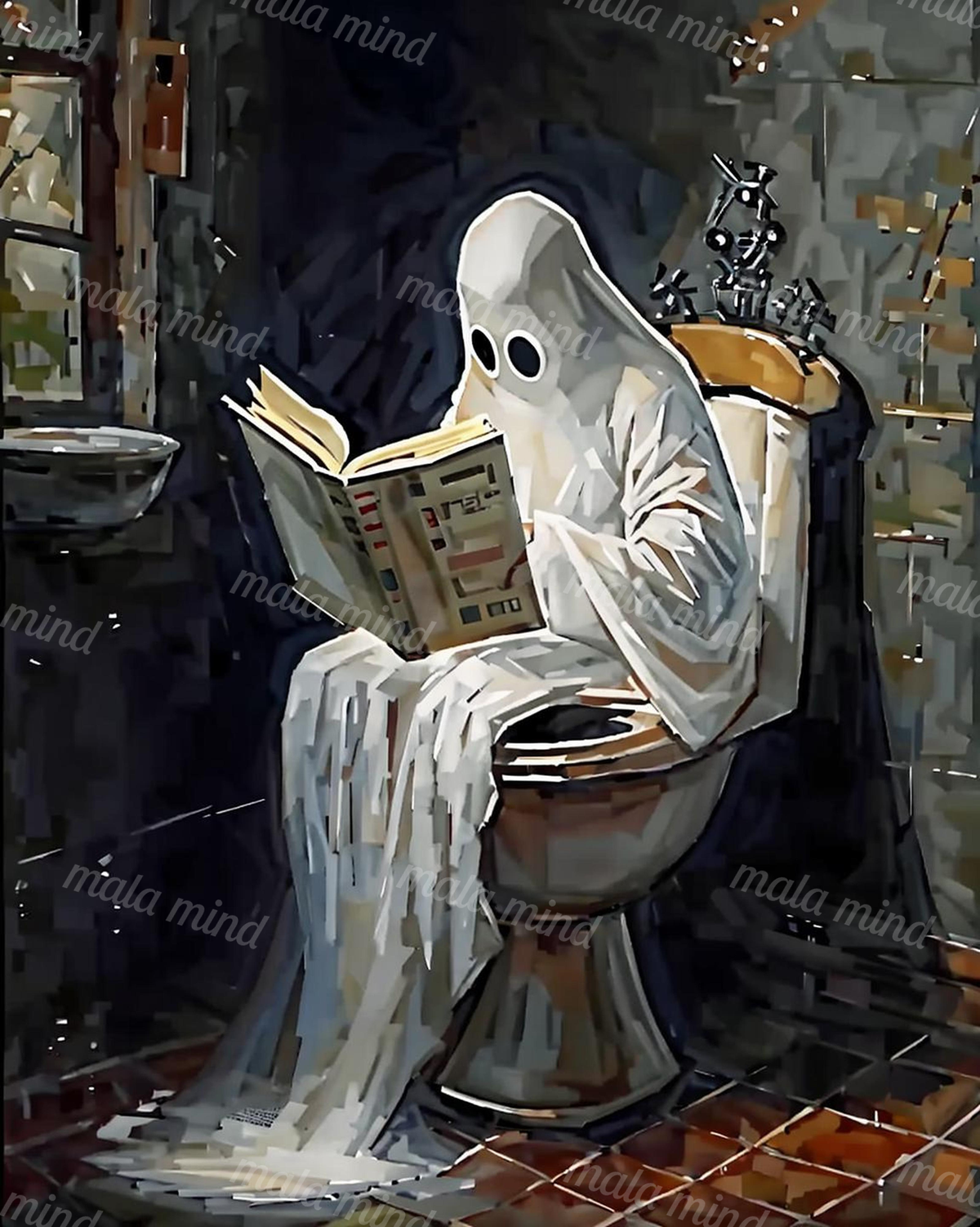 Faceted ghost with large dark eyes reading an open book while seated in a wooden chair. — 02_master_artwork