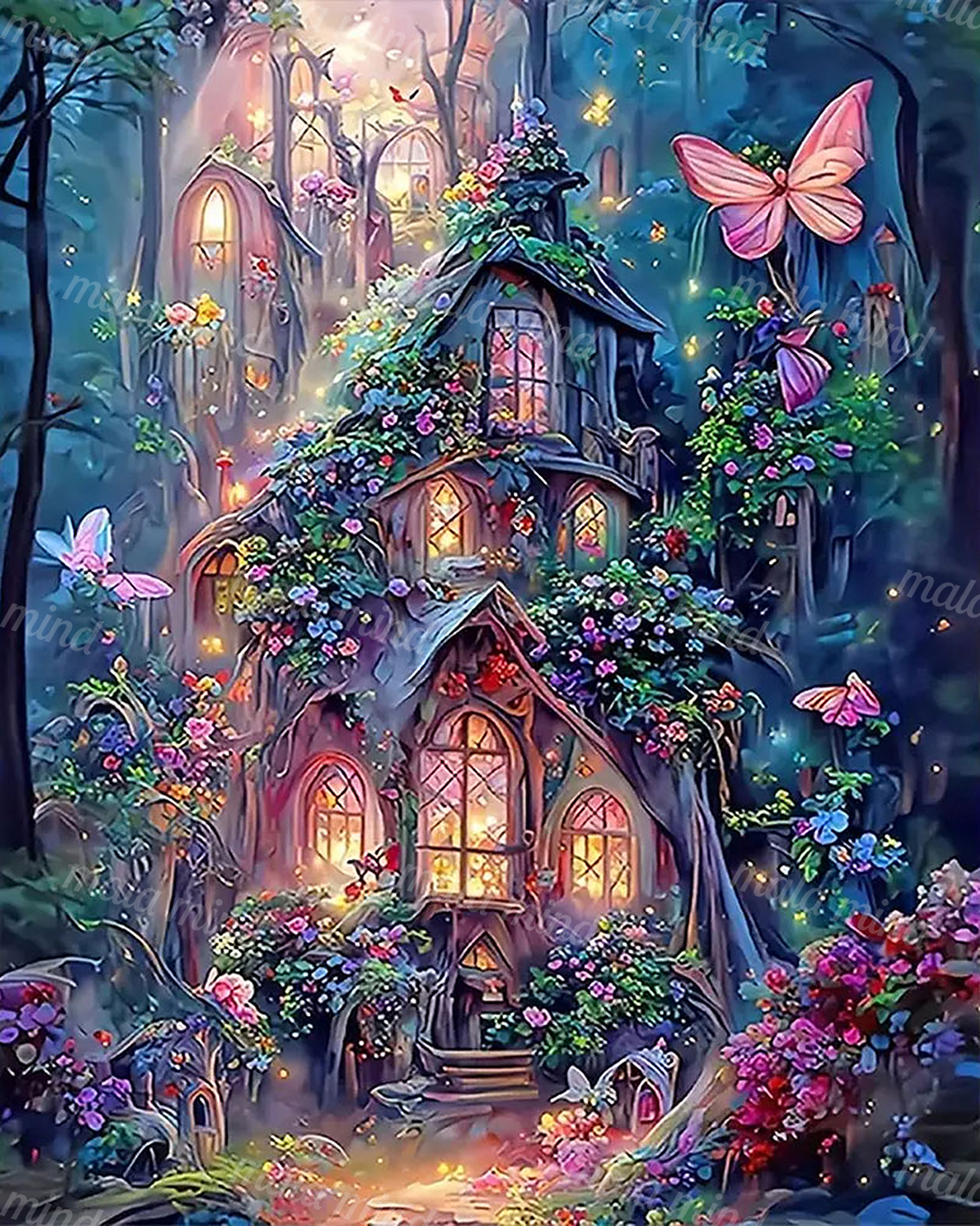 Flower-covered multi-level cottage with glowing windows, butterflies, and dense foliage in a blue-green forest. — 02_master_artwork