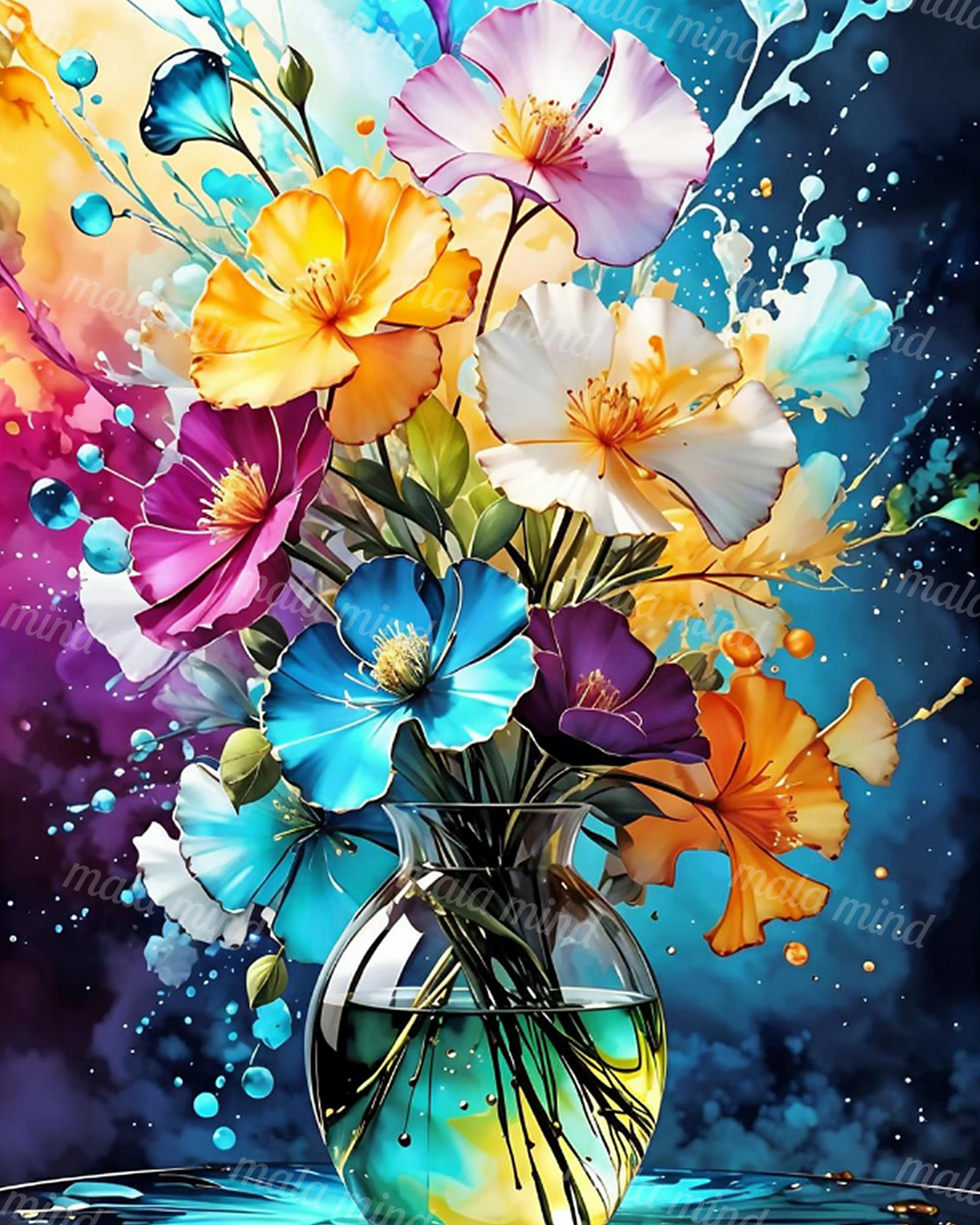 Colorful flower bouquet in a reflective glass vase against a dark paint-splashed background — 02_master_artwork