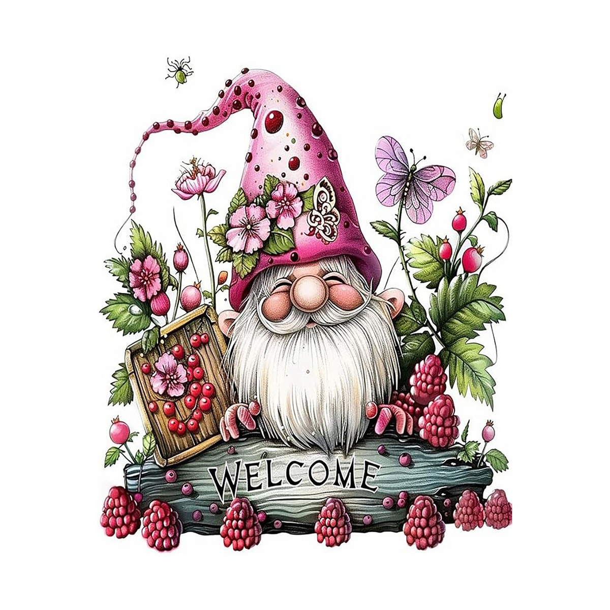 Garden gnome in a berry-covered pink hat surrounded by flowers, berries, butterflies, and a welcome sign