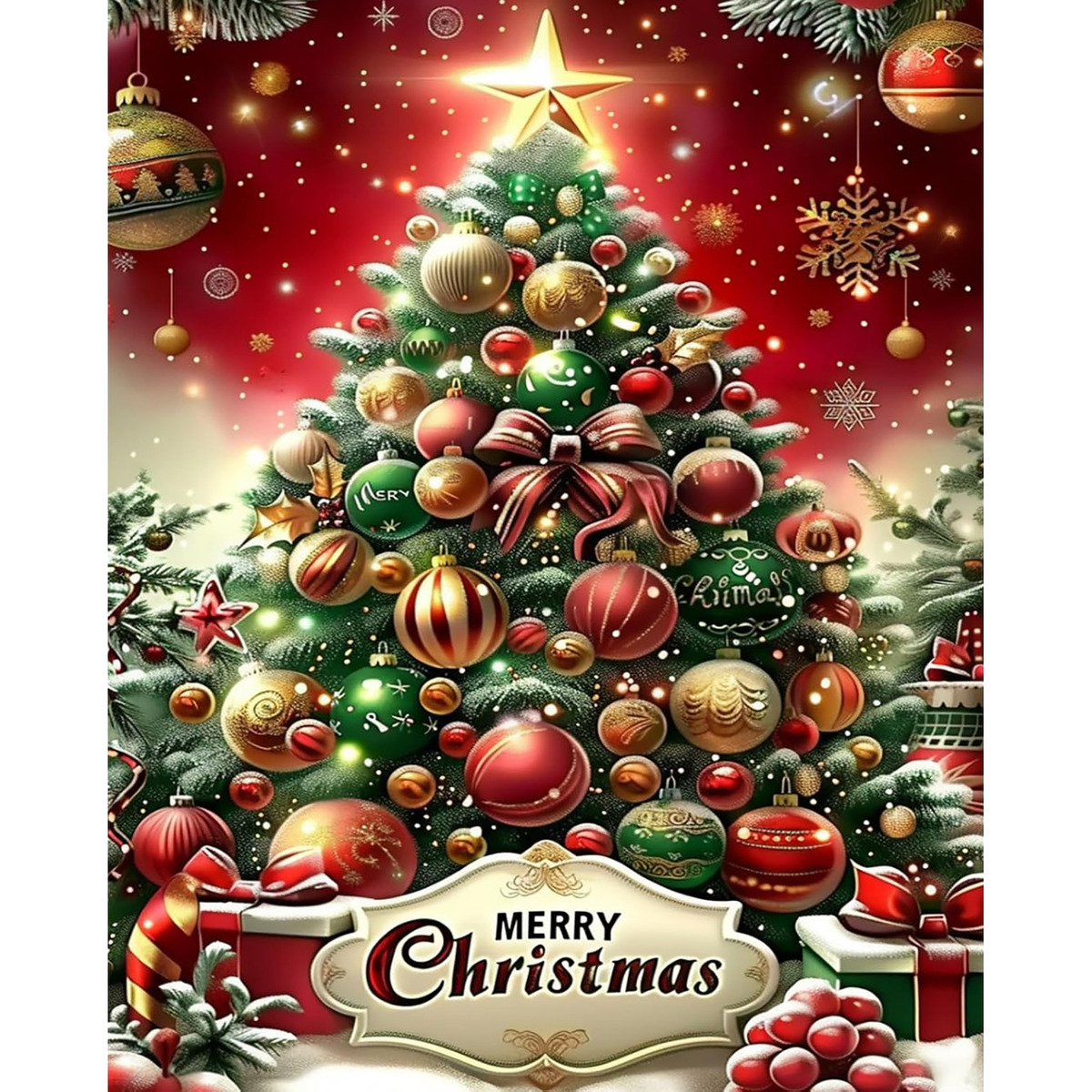 MalaMind Gallery V3 | 02 Master Artwork | CH-260921-083 | Heavily decorated Christmas tree with a glowing star, ornaments, presents, and a Merry Christmas sign