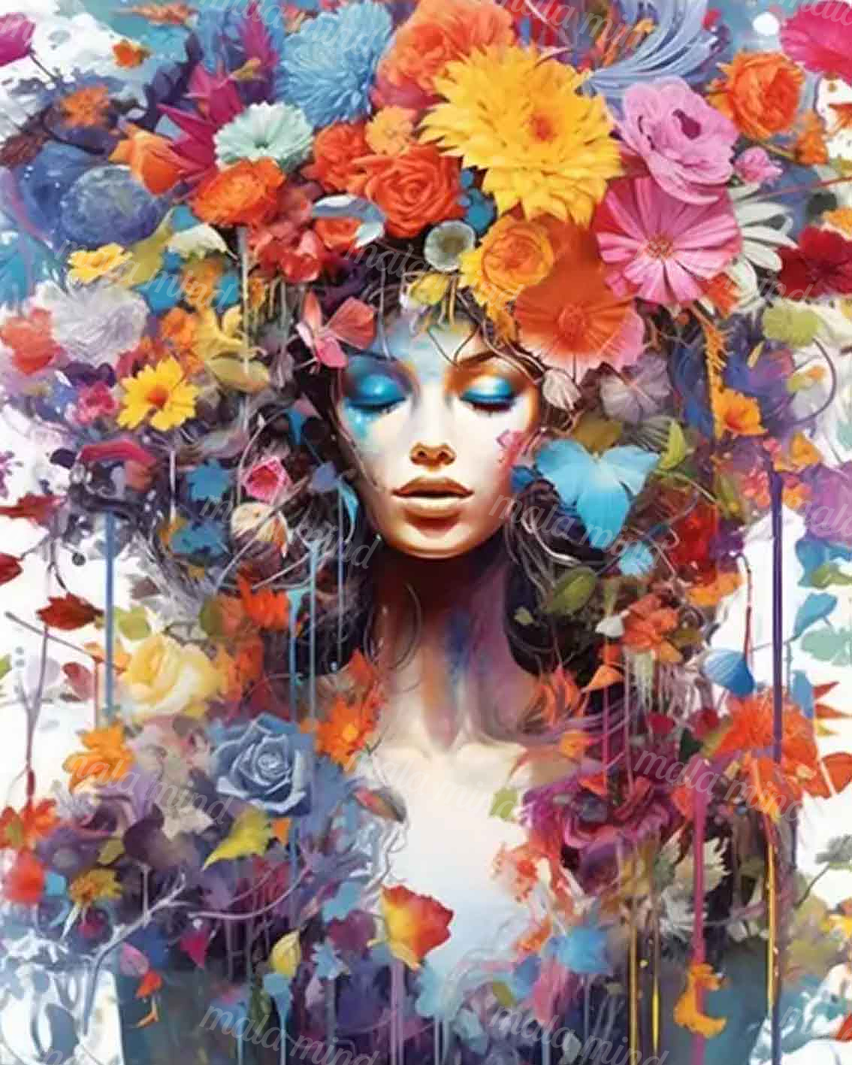 Woman with closed eyes surrounded by a dense, colorful floral arrangement and painterly drips — 02_master_artwork