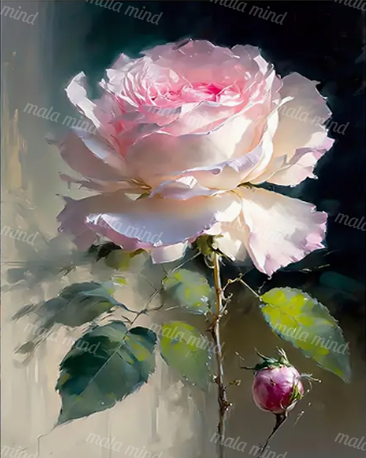 Painterly pale pink rose with green leaves, thorny stem, and a small rosebud on a dark background — 02_master_artwork