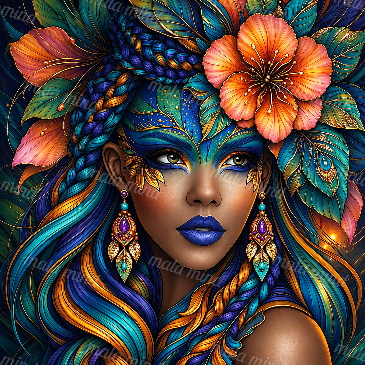Ornate woman portrait with blue braided hair, coral flowers, foliage, gold details, and decorative earrings — 02_master_artwork