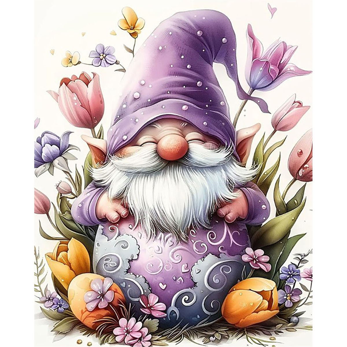 MalaMind Gallery V3 | 02 Master Artwork | FA-260921-011 | Bearded garden gnome in a jeweled purple hat surrounded by colorful tulips, lilies, and orange flowers