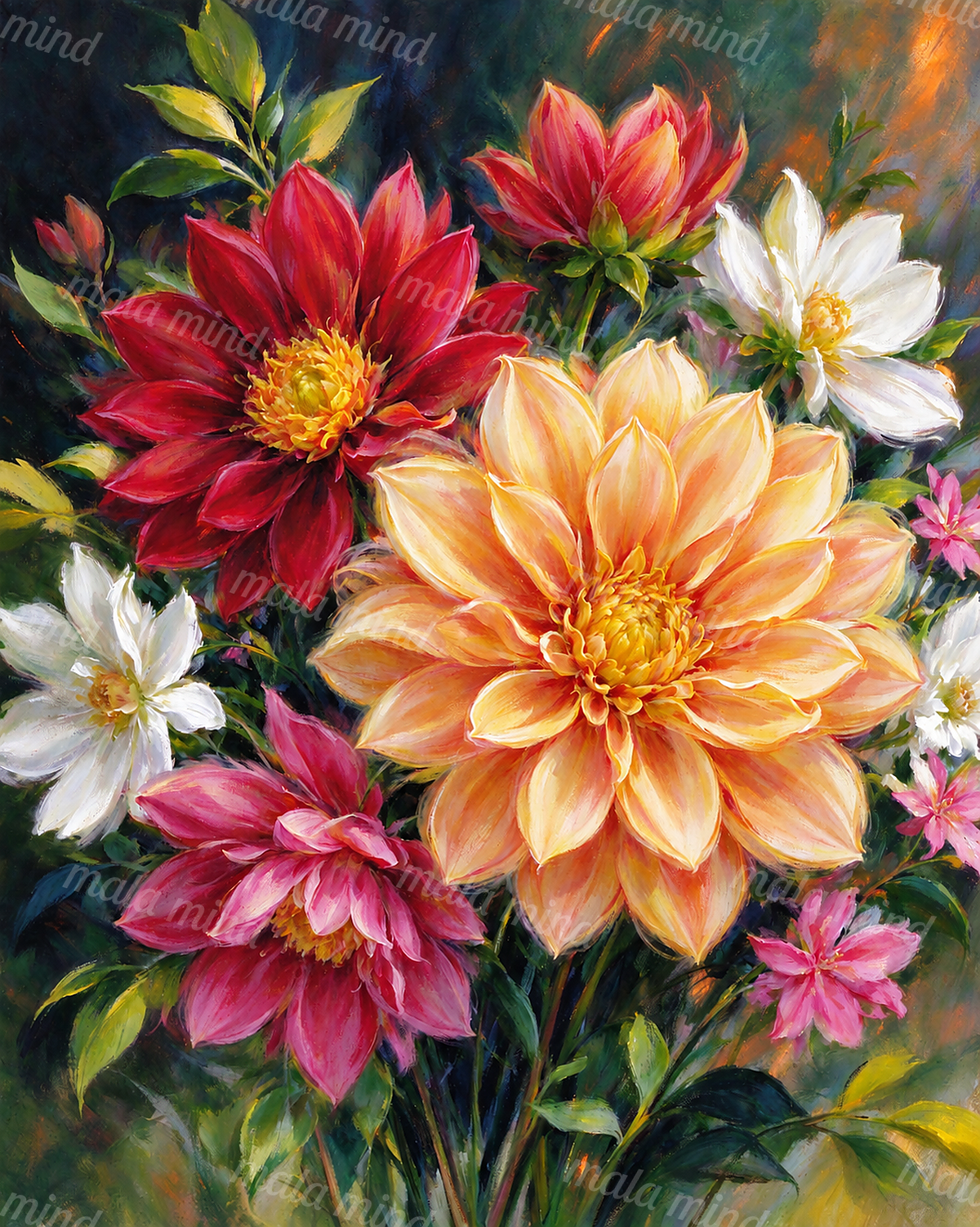 Painterly bouquet of red, peach, pink, and white flowers with green leaves against a dark background — 02_master_artwork