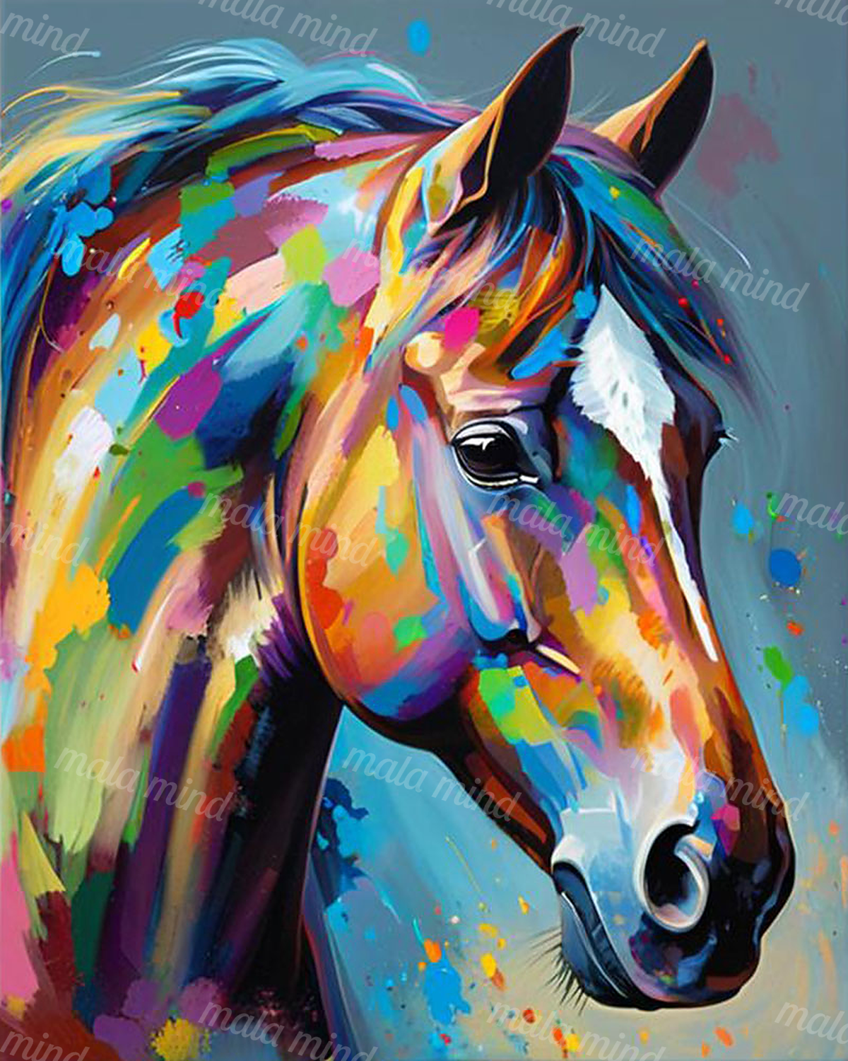 Colorful abstract close-up portrait of a horse with a flowing mane and bright painted brushstrokes. — 02_master_artwork