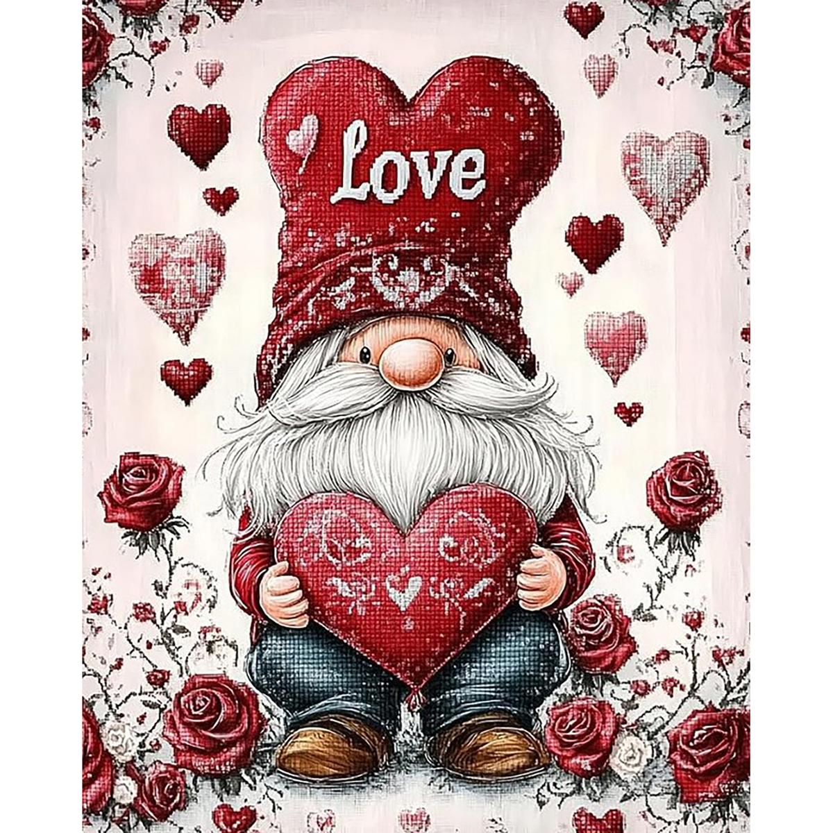 MalaMind Gallery V3 | 02 Master Artwork | FA-260921-067 | Bearded gnome in a Love hat holding a large red heart among roses and floating hearts