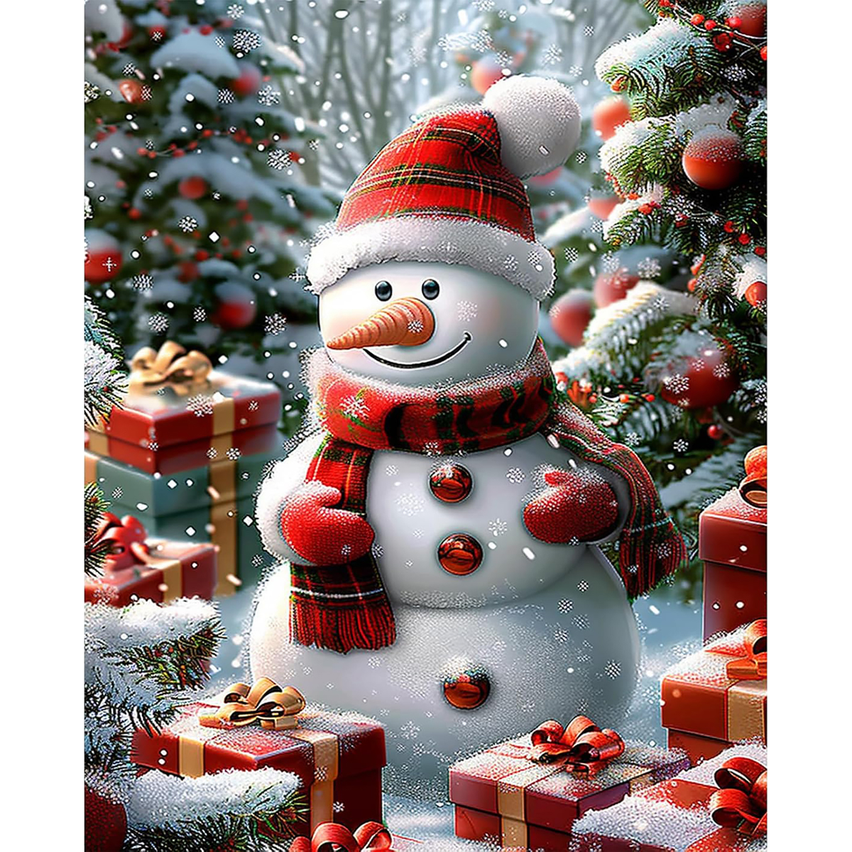 MalaMind Gallery V3 | 02 Master Artwork | CH-260921-076 | Smiling snowman in red plaid winter clothing surrounded by presents, evergreen branches, and falling snow.