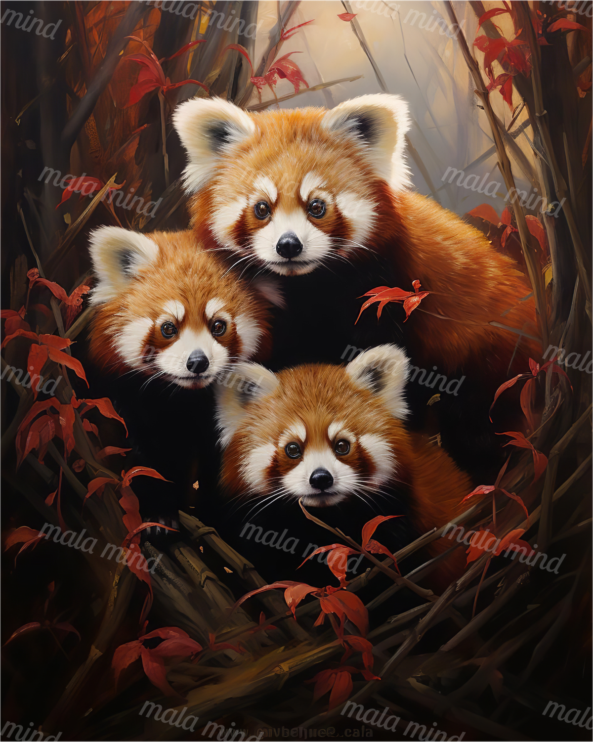 Three red pandas gathered among dark tree trunks and red autumn leaves — 02_master_artwork