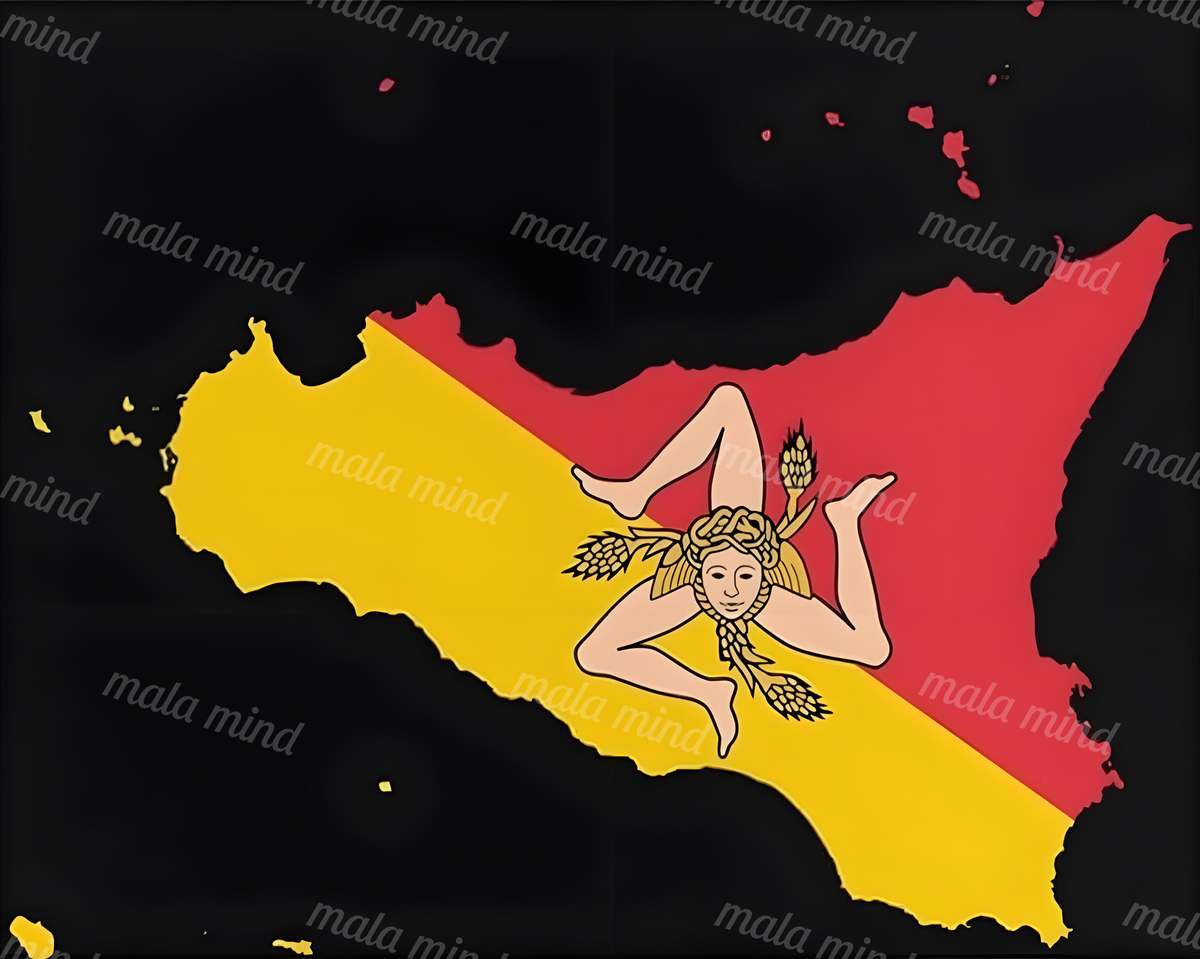 Trinacria figure over a red-and-yellow Sicily silhouette on a black background — 02_master_artwork