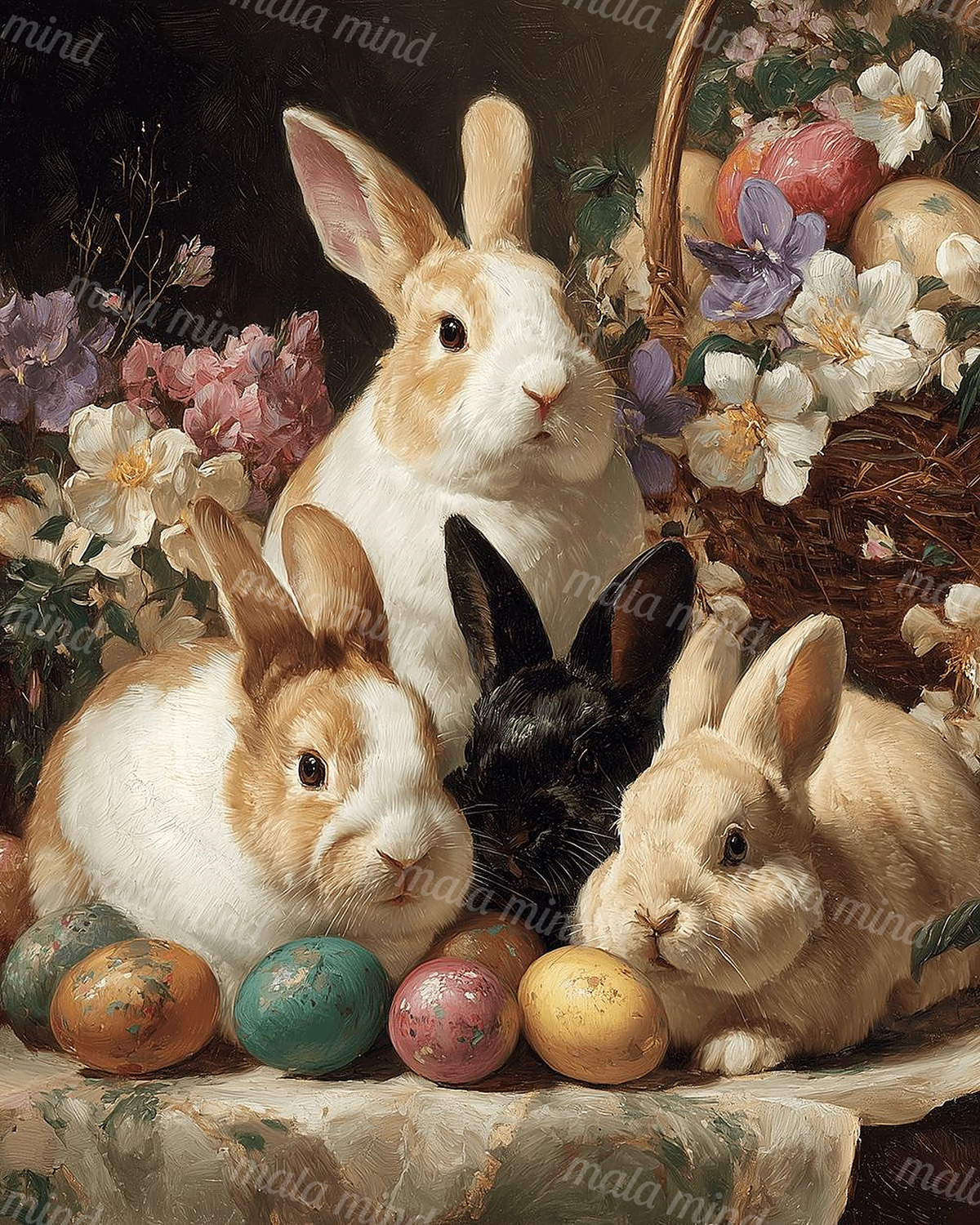 Four rabbits surrounded by flowers, a basket, and colorful painted eggs — 02_master_artwork