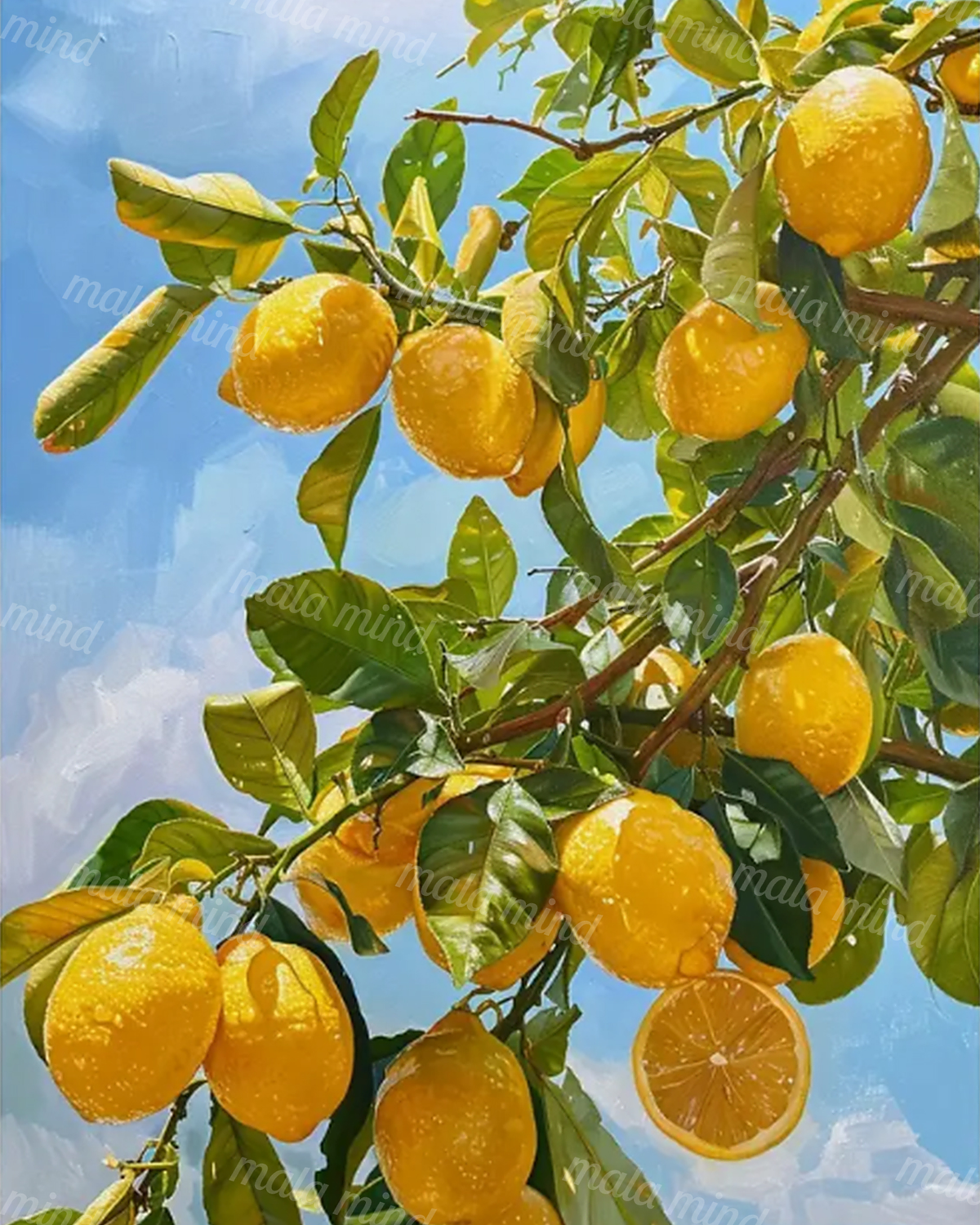Painterly citrus tree laden with ripe oranges, green leaves, and a sliced fruit against blue sky — 02_master_artwork