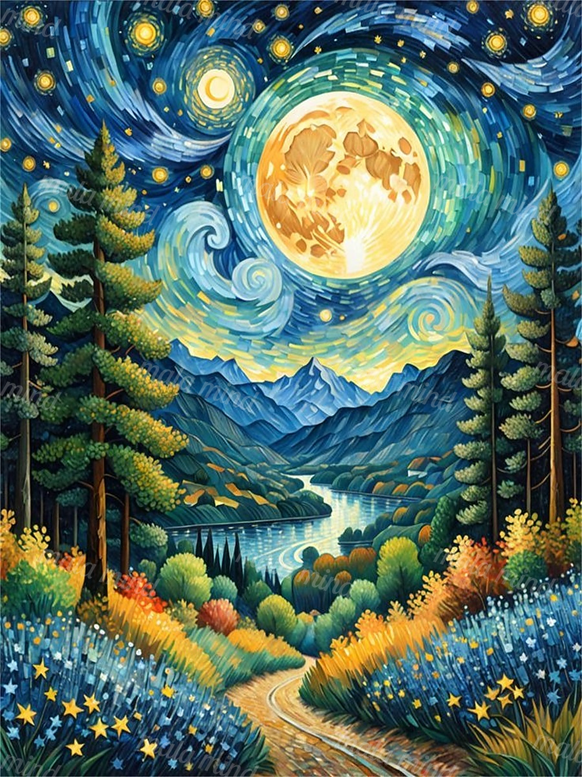 Painterly moonlit mountain valley with glowing moons, lake, evergreen trees, stars, flowers, and a winding path — 02_master_artwork