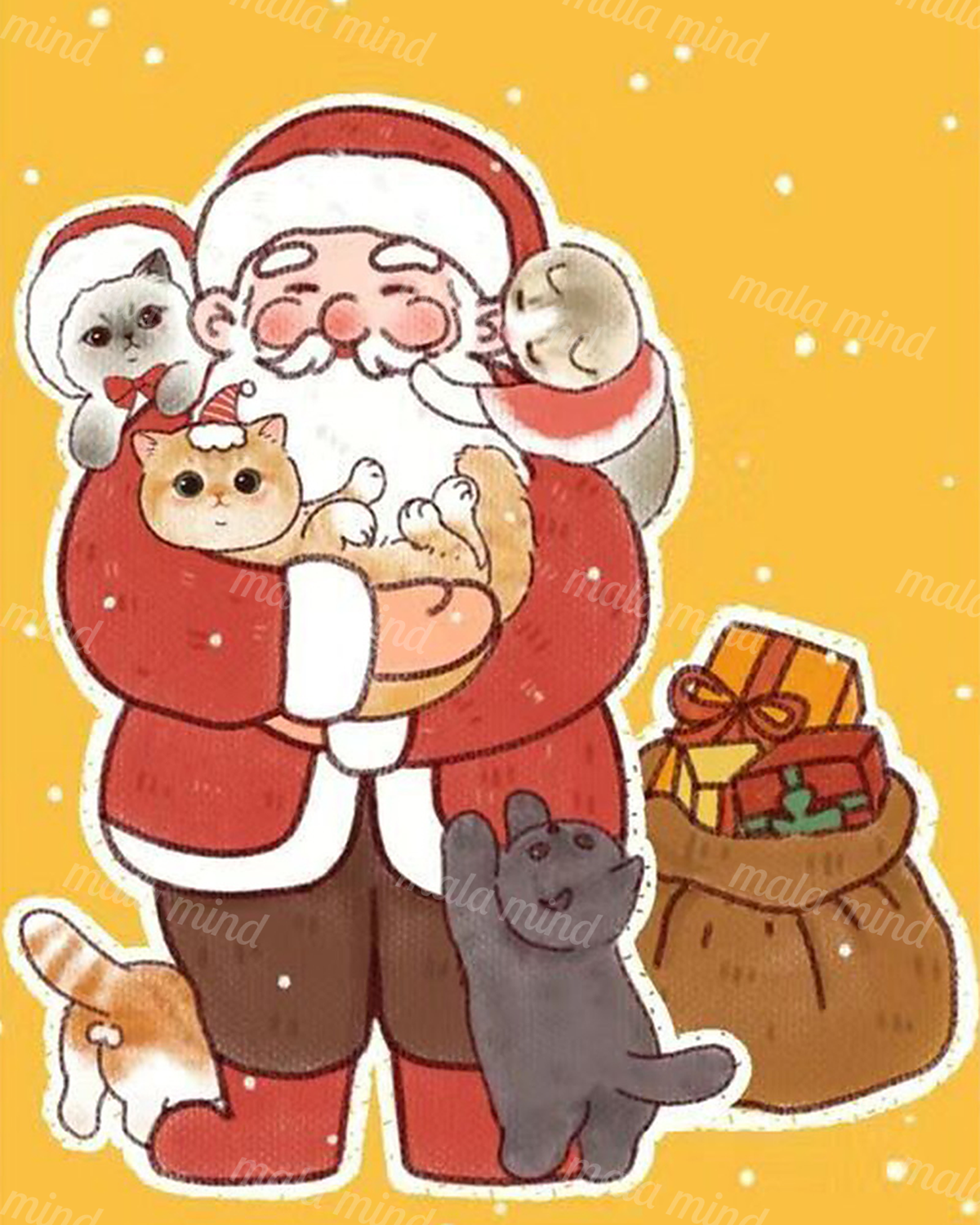 Cartoon Santa holds a cat while other cats and mice gather beside a sack of wrapped Christmas gifts. — 02_master_artwork