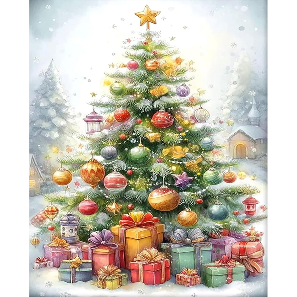 MalaMind Gallery V3 | 02 Master Artwork | CH-260921-046 | Colorful decorated Christmas tree with presents in a snowy village scene