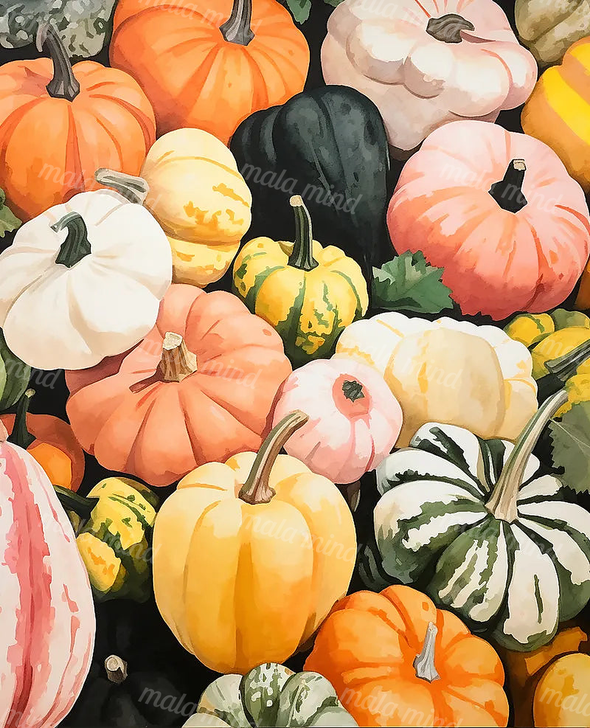 Watercolor-style arrangement of colorful pumpkins and striped gourds with stems and leafy foliage. — 02_master_artwork
