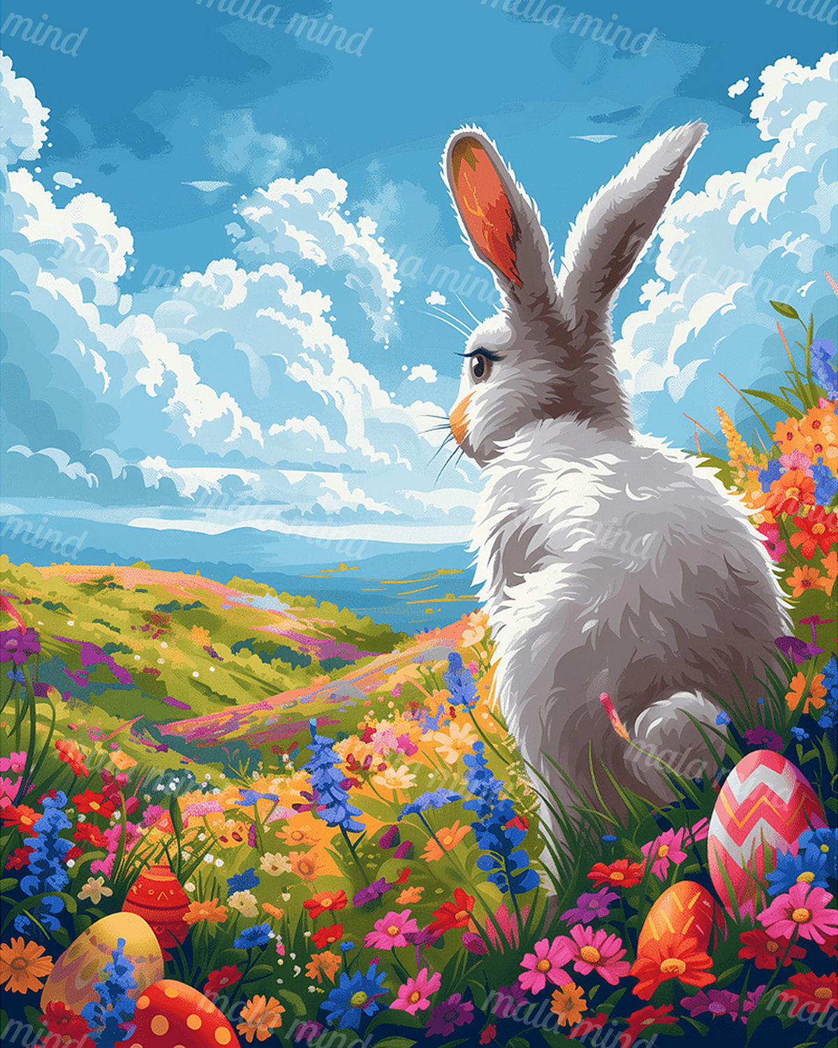 Gray rabbit surrounded by colorful flowers and decorated Easter eggs beneath a blue cloudy sky — 02_master_artwork