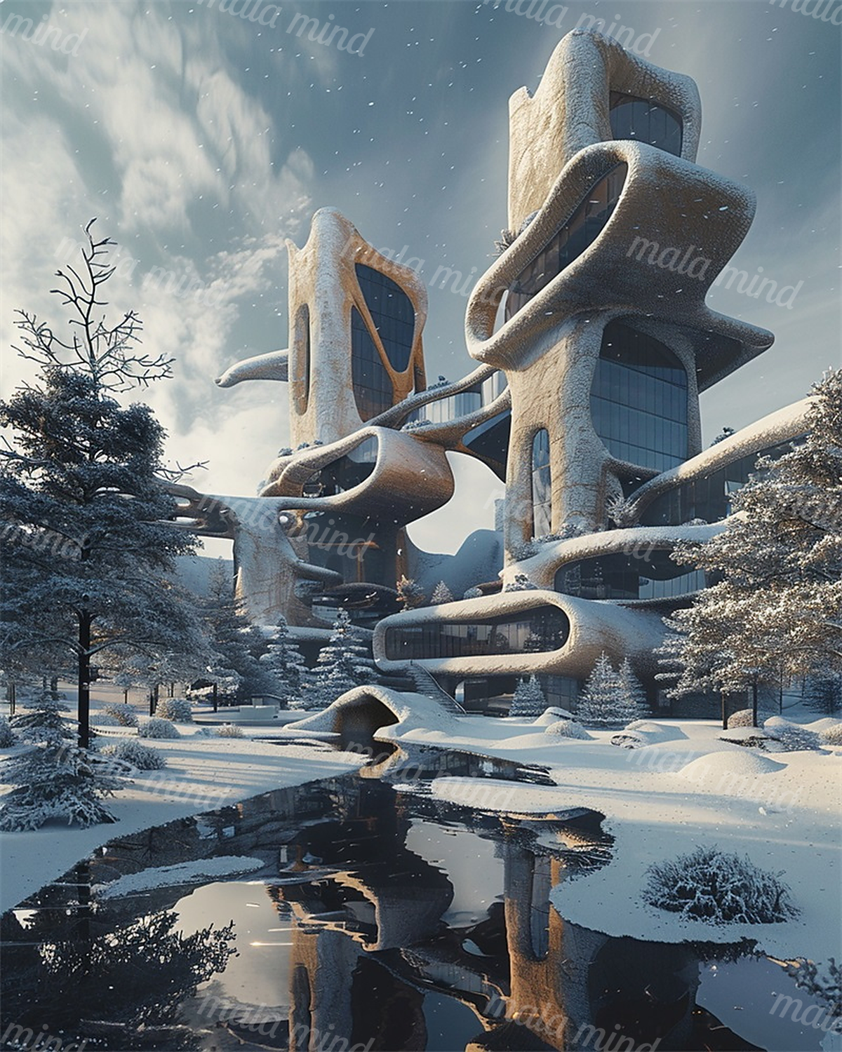 Futuristic curved towers rise above snowy trees beside a reflective pond under a cloudy blue-gray sky. — 02_master_artwork