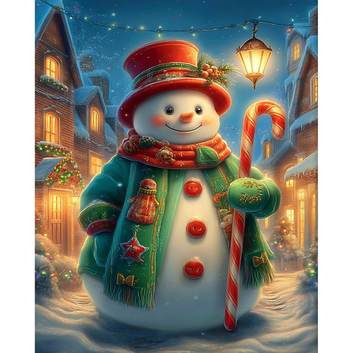 Smiling snowman in a red hat and green coat holds a candy cane in a glowing snowy village.