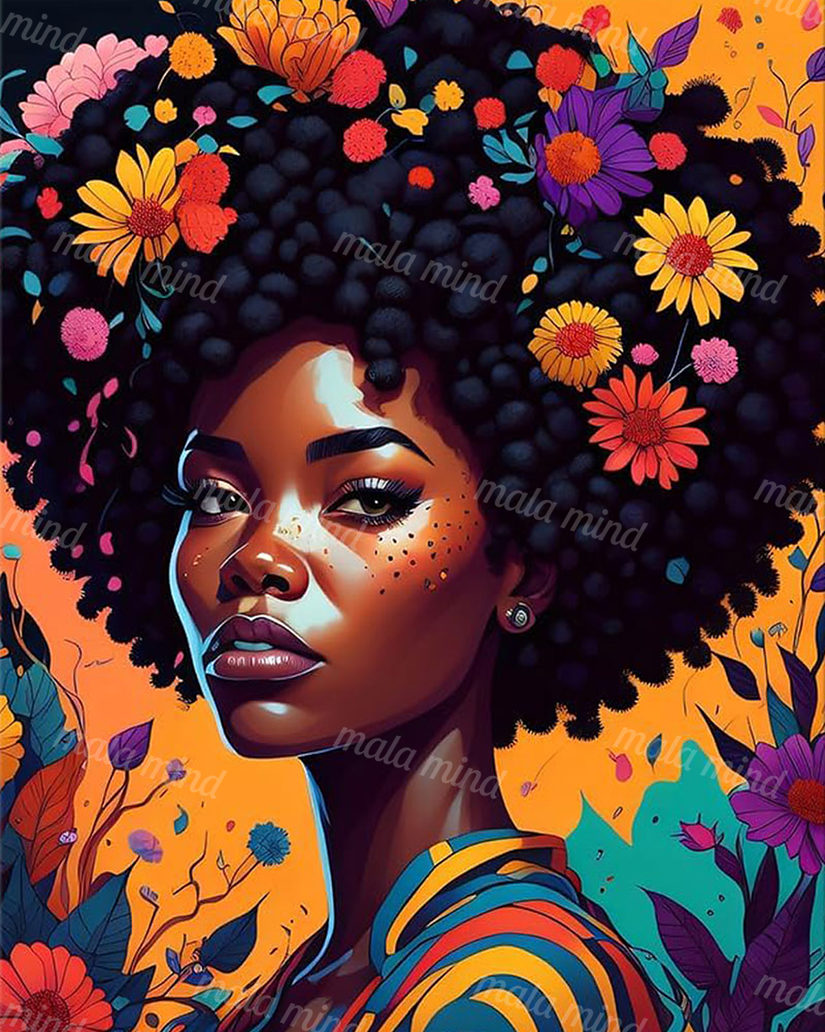 Colorful portrait of a Black woman with flowers woven through her afro against an orange botanical background — 02_master_artwork