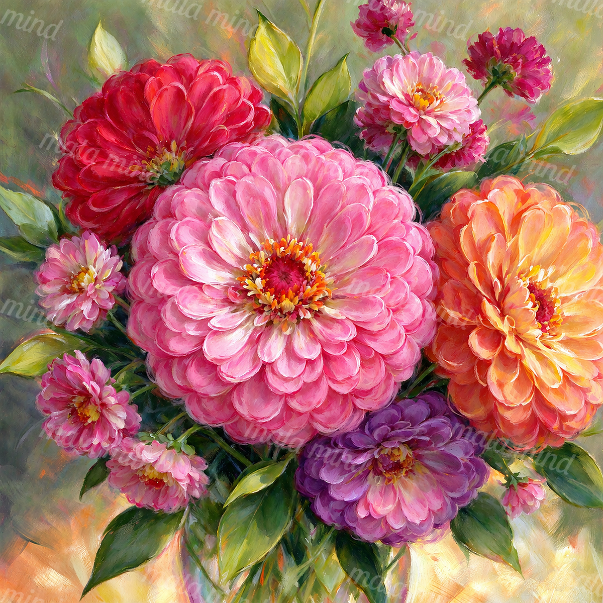 Colorful painted bouquet with a large pink flower, red and orange blossoms, purple flowers, and green leaves — 02_master_artwork