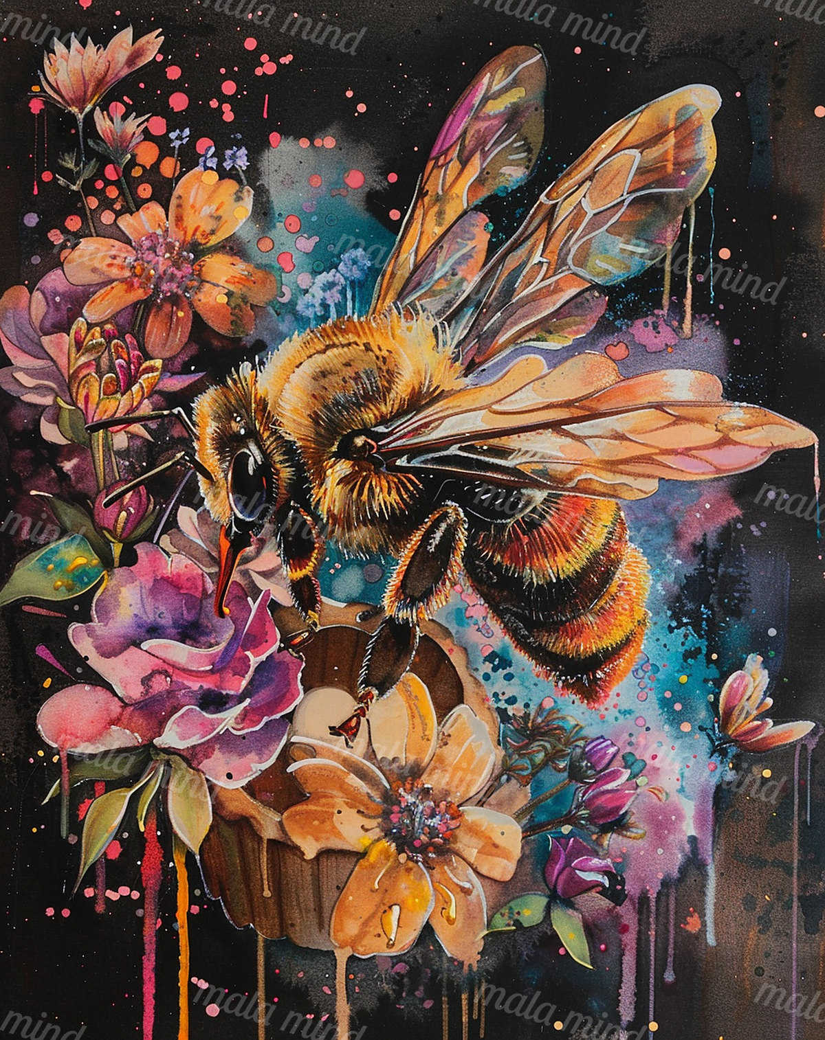 Watercolor-style bumblebee with translucent wings among colorful flowers on a dark splattered background. — 02_master_artwork