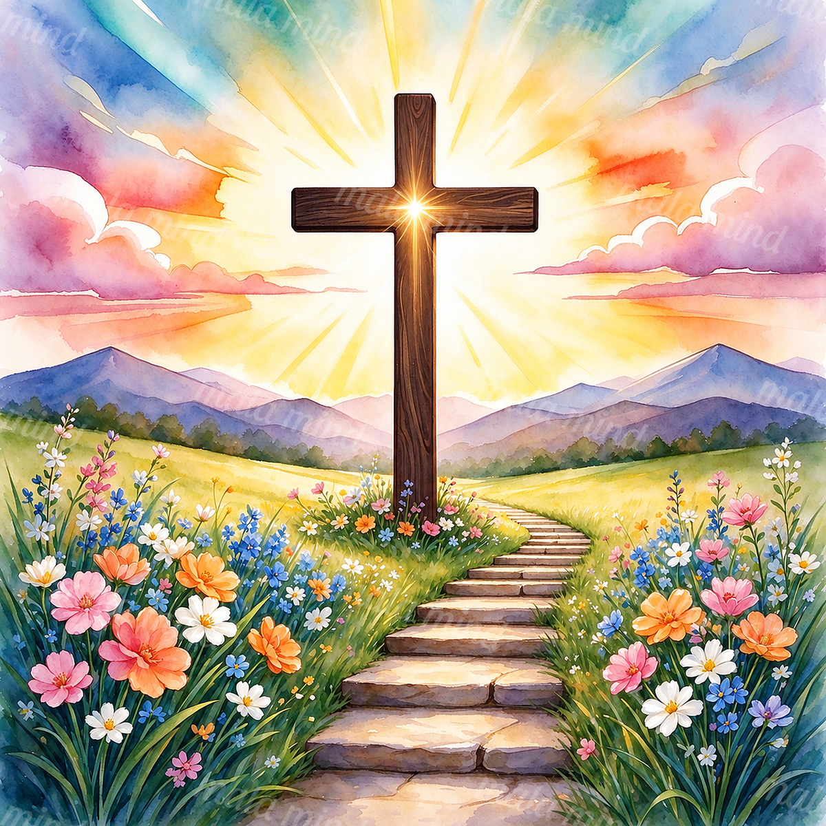 Watercolor wooden cross glowing above a wildflower meadow and stone path with mountains in the background — 02_master_artwork