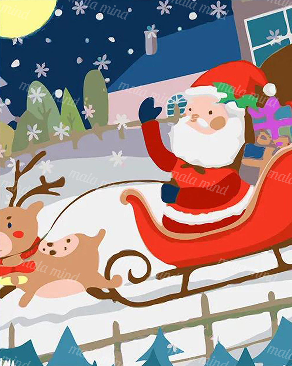 Cartoon Santa waves from a red sleigh pulled by a reindeer through a snowy Christmas night. — 02_master_artwork