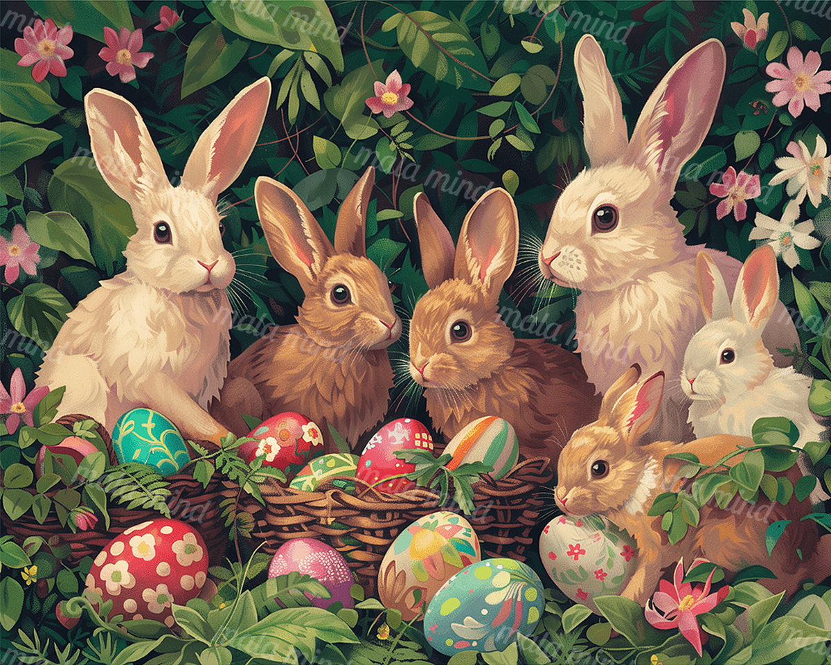 Six rabbits surrounded by flowers, foliage, woven baskets, and colorful decorated Easter eggs — 02_master_artwork