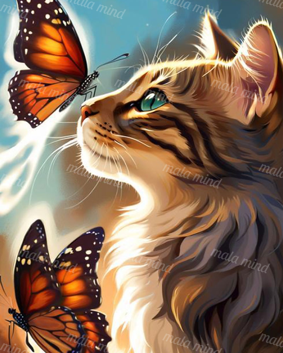 Close-up long-haired brown-and-cream cat with a green eye and orange-and-black butterflies against blue. — 02_master_artwork