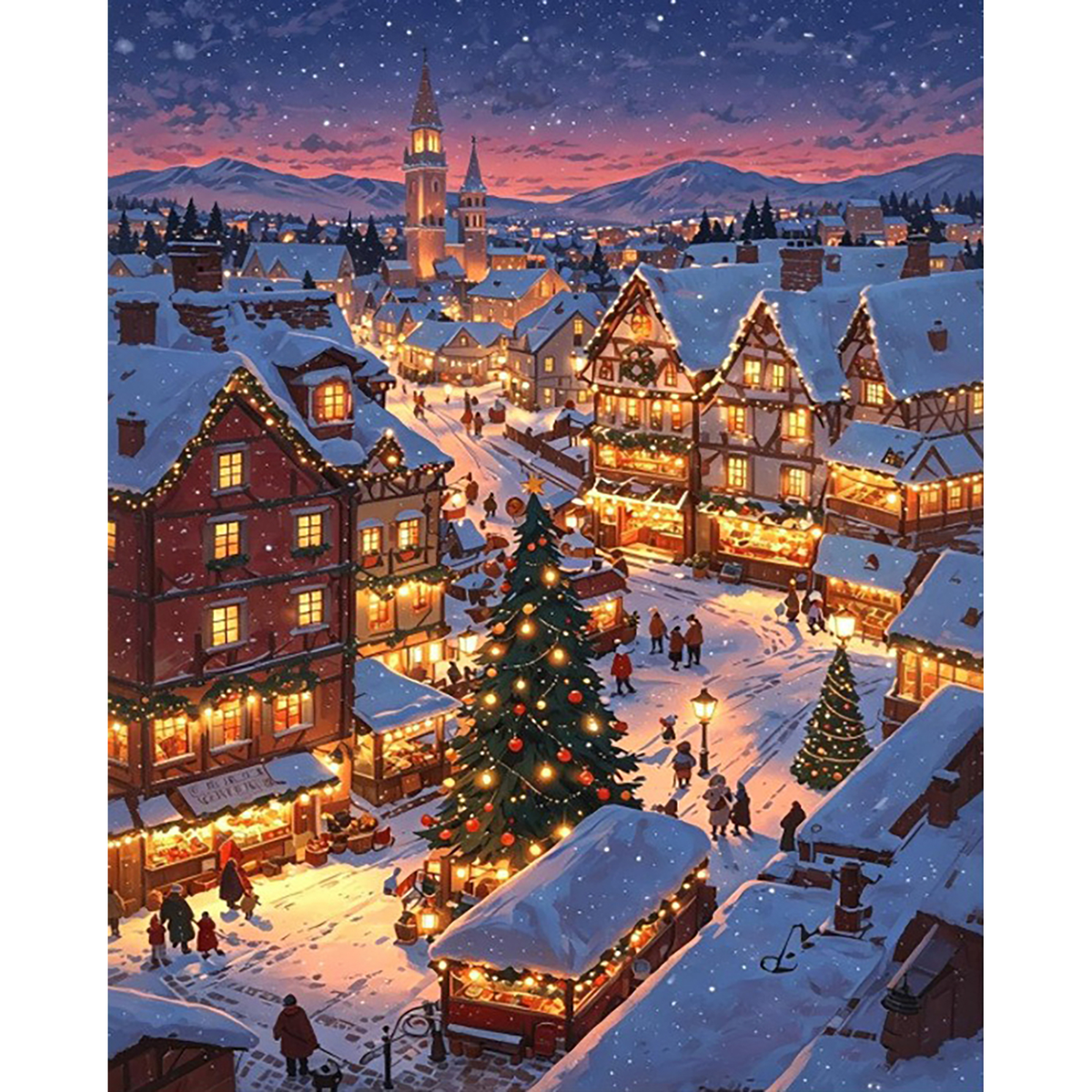 MalaMind Gallery V3 | 02 Master Artwork | CH-260922-008 | Snowy alpine Christmas village with glowing market stalls, decorated trees, church towers, and mountains at twilight