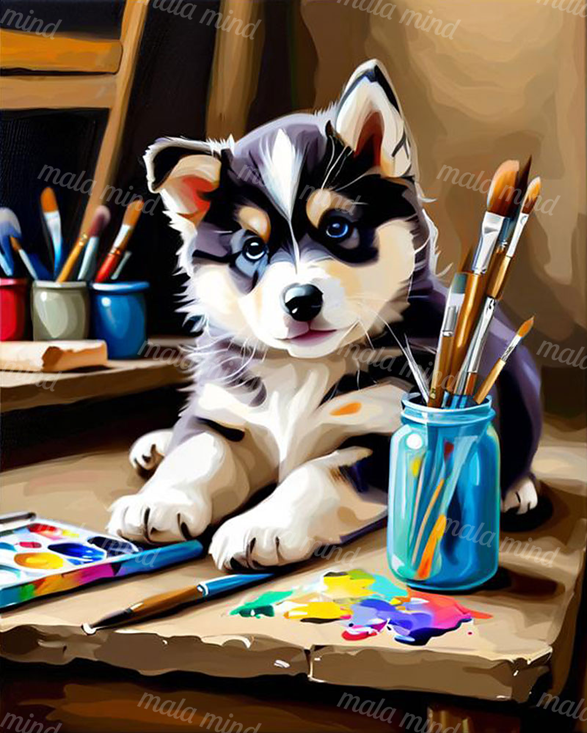 Black-and-white puppy with blue eyes at a paint-covered workspace — 02_master_artwork