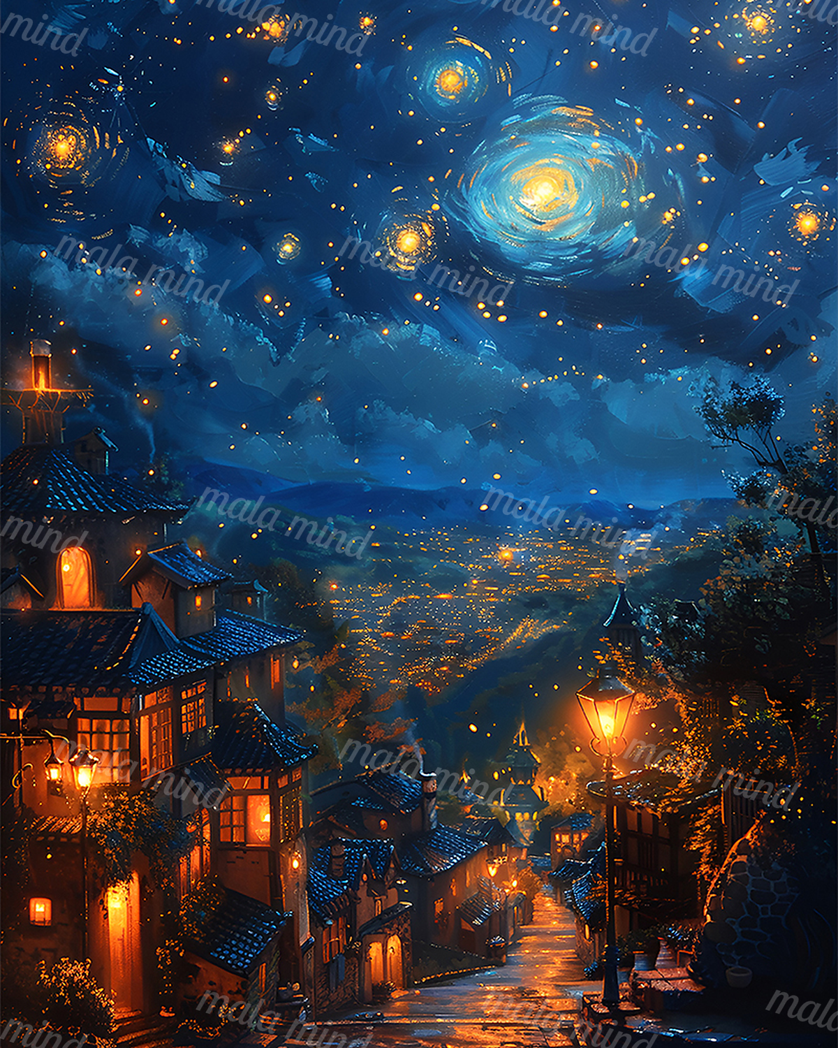Lantern-lit village beneath a deep blue sky filled with stars and swirling luminous galaxies. — 02_master_artwork