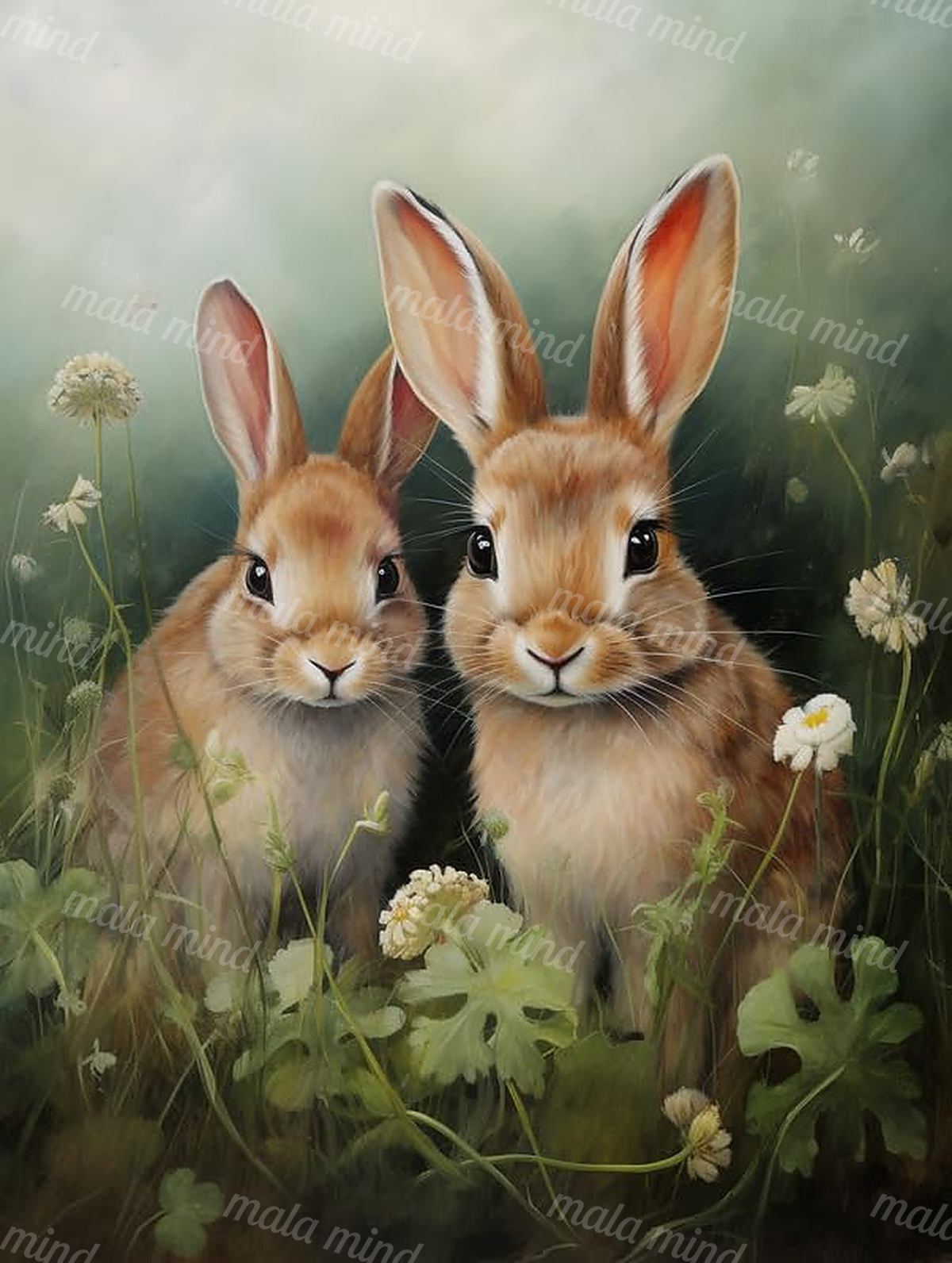 Two tan rabbits posed together among white meadow flowers and green foliage — 02_master_artwork