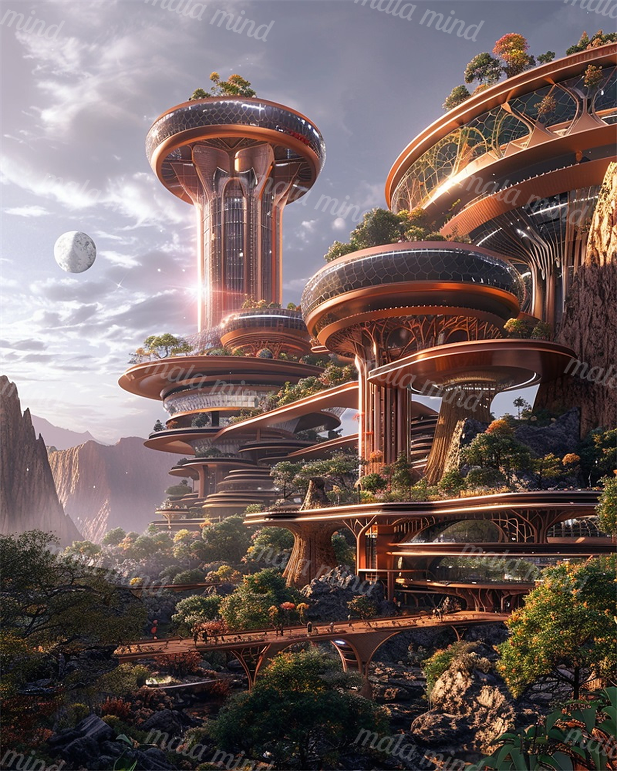 Futuristic terraced city with copper towers and bridges among lush mountain cliffs beneath a visible moon — 02_master_artwork