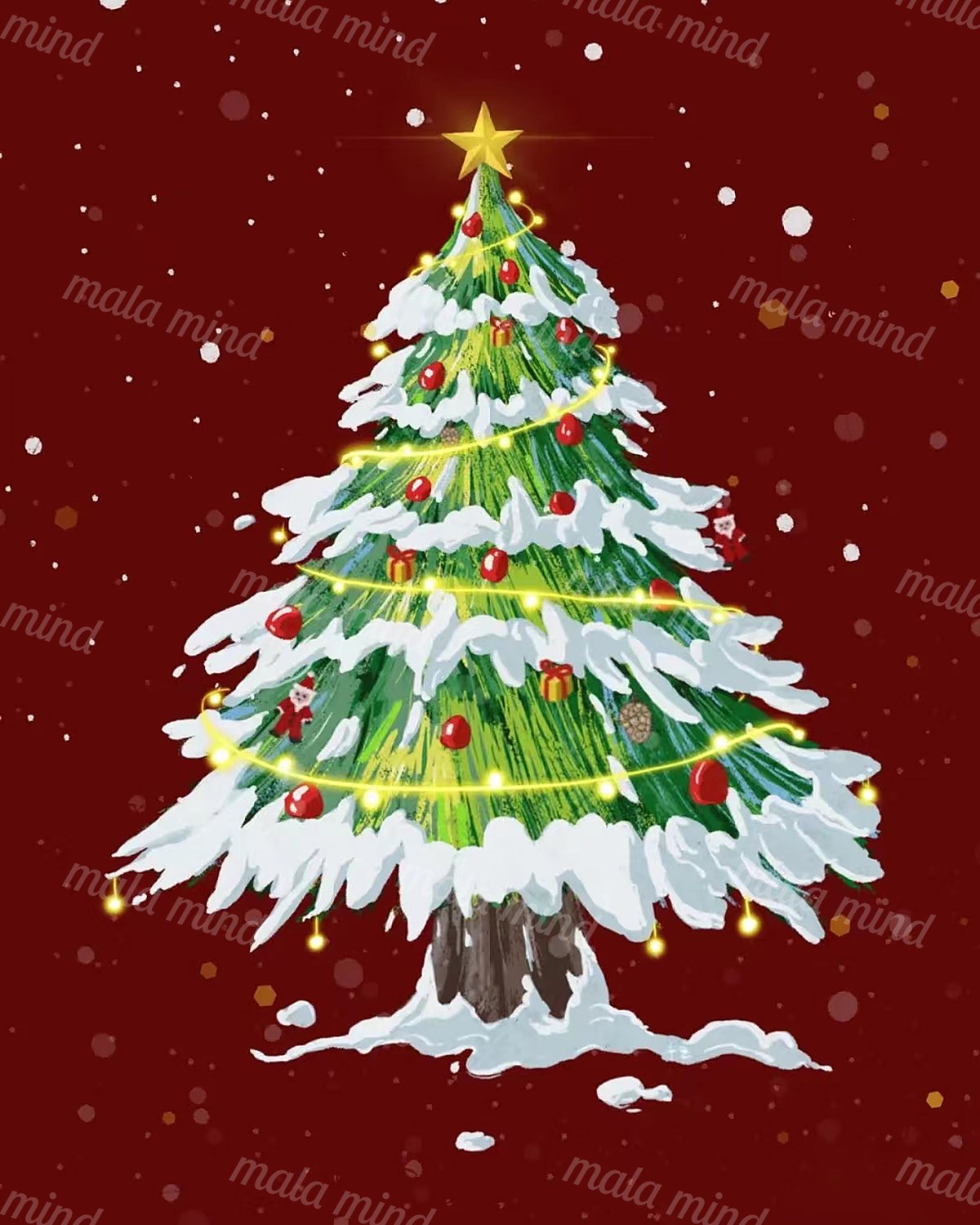 Snow-covered Christmas tree with glowing lights, red ornaments, gifts, and a gold star on a red background — 02_master_artwork