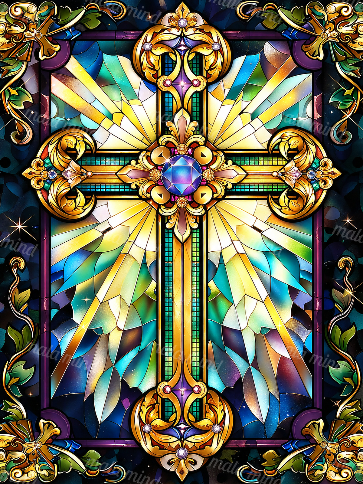 Ornate stained-glass cross with a blue jewel, golden scrollwork, floral motifs, and colorful geometric panes. — 02_master_artwork