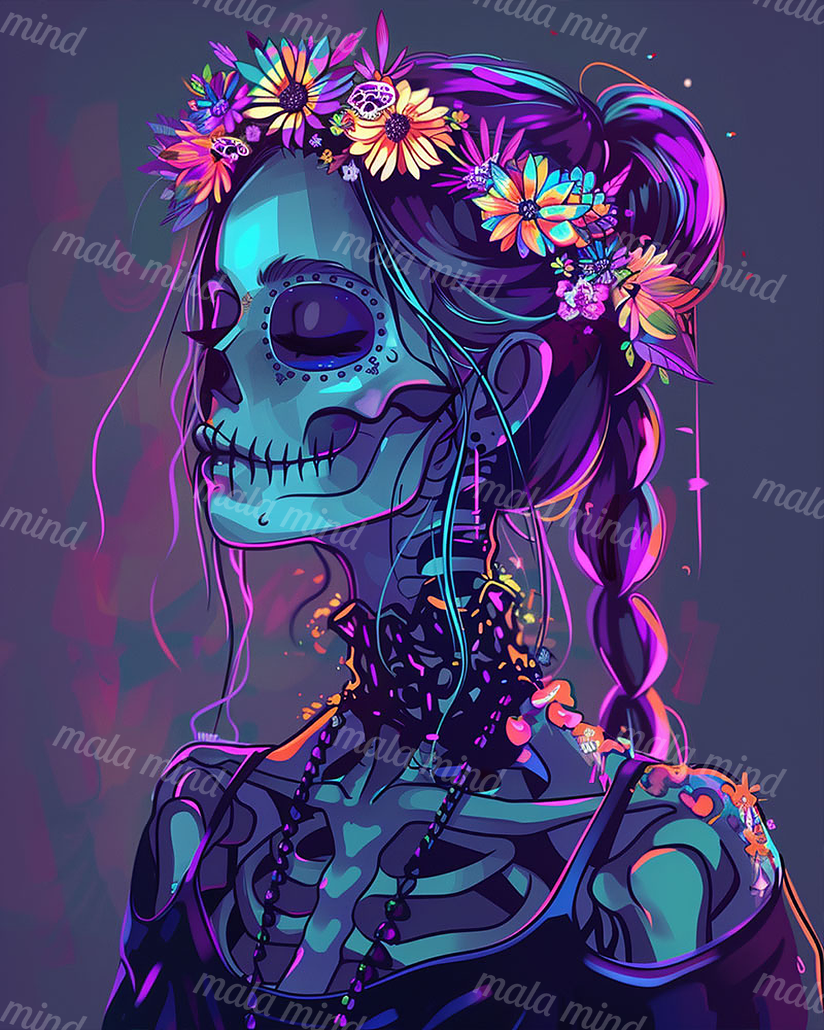 Neon gothic portrait of a blue-green skeletal woman with braided hair and colorful flowers — 02_master_artwork
