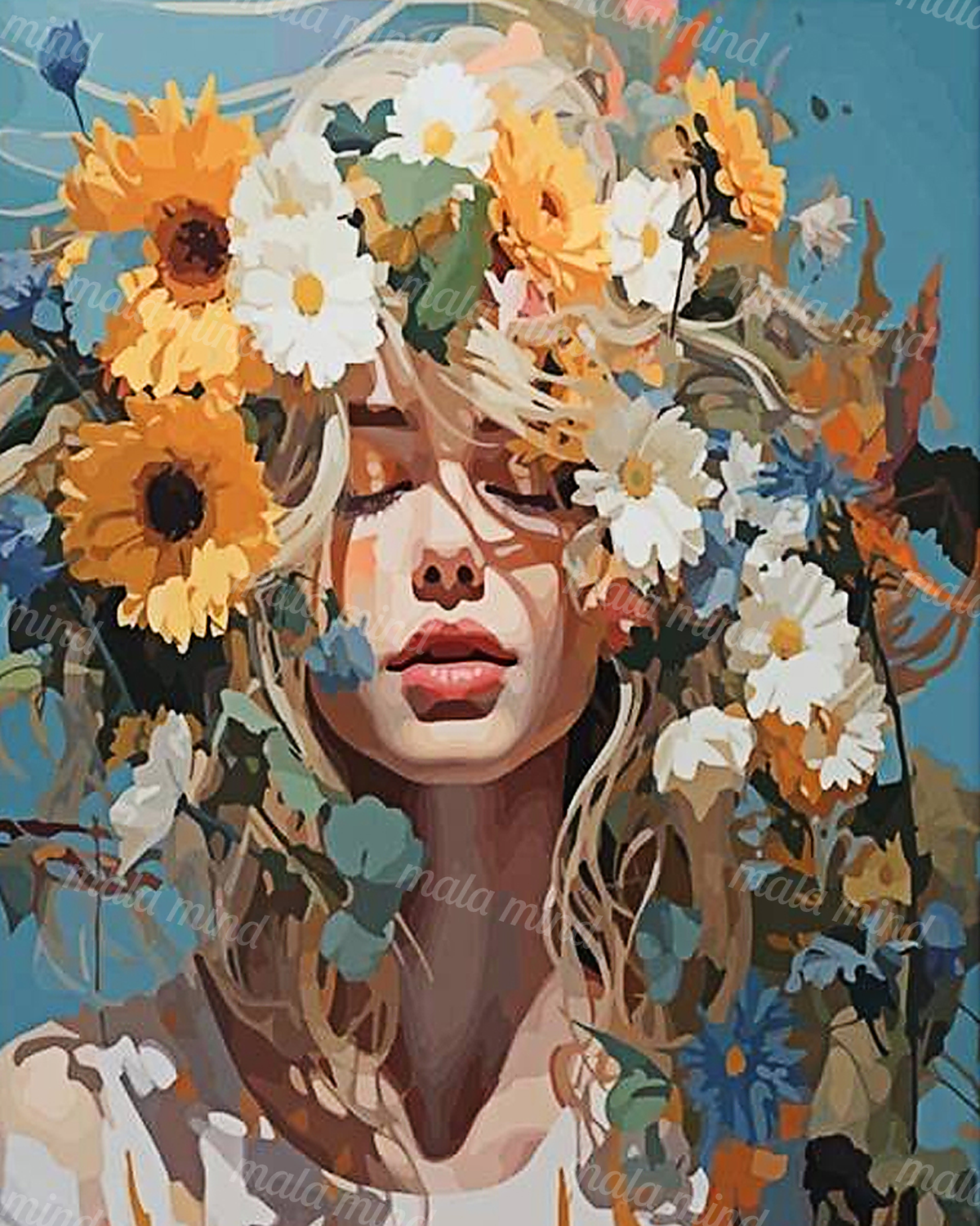 Stylized woman’s portrait surrounded by sunflowers, daisies, blue flowers, and green foliage — 02_master_artwork
