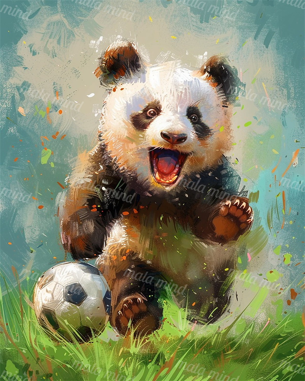 Playful giant panda with an open mouth beside a soccer ball in colorful grass — 02_master_artwork