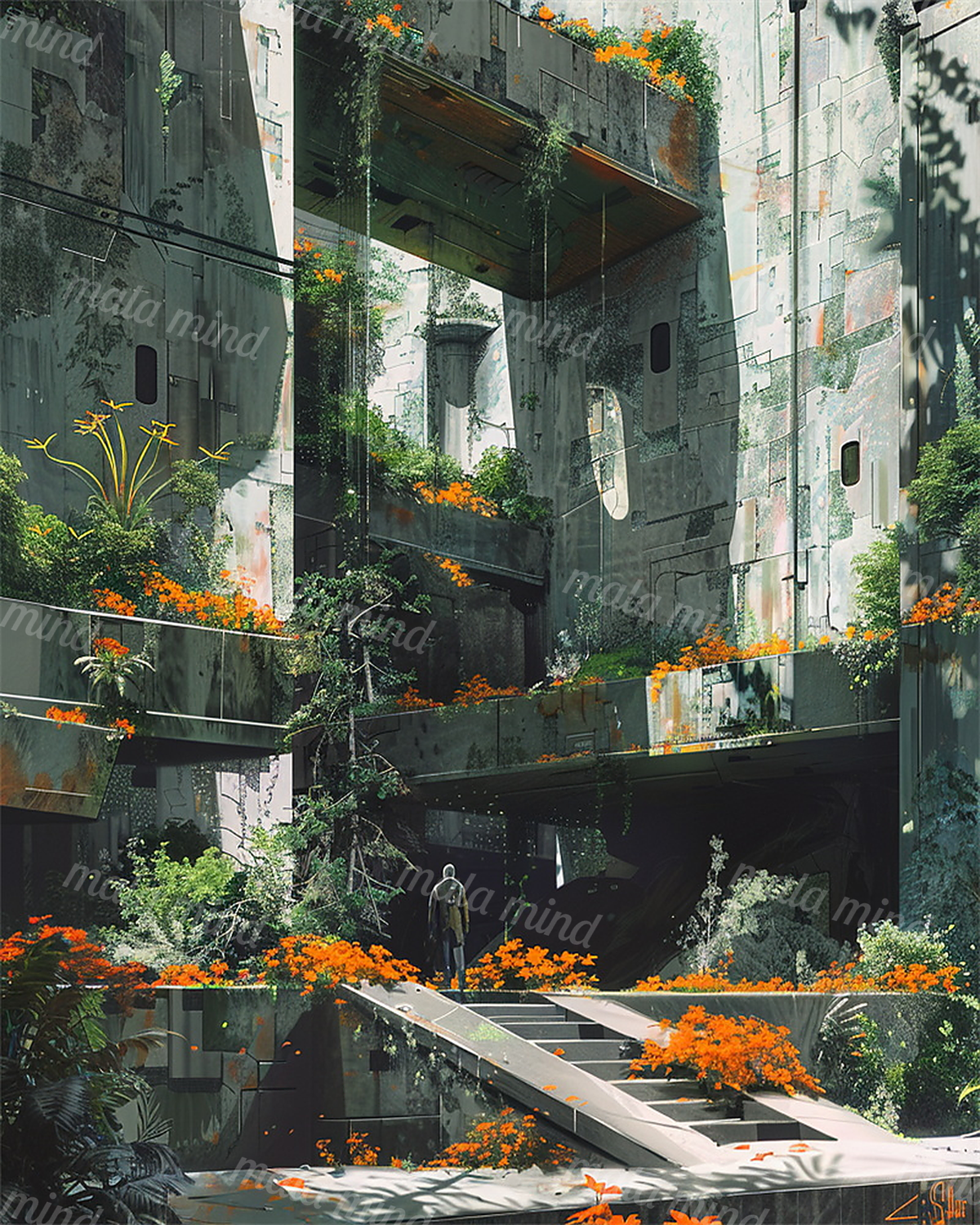 Futuristic concrete city complex covered in greenery and orange flowers, with a lone figure near the center. — 02_master_artwork