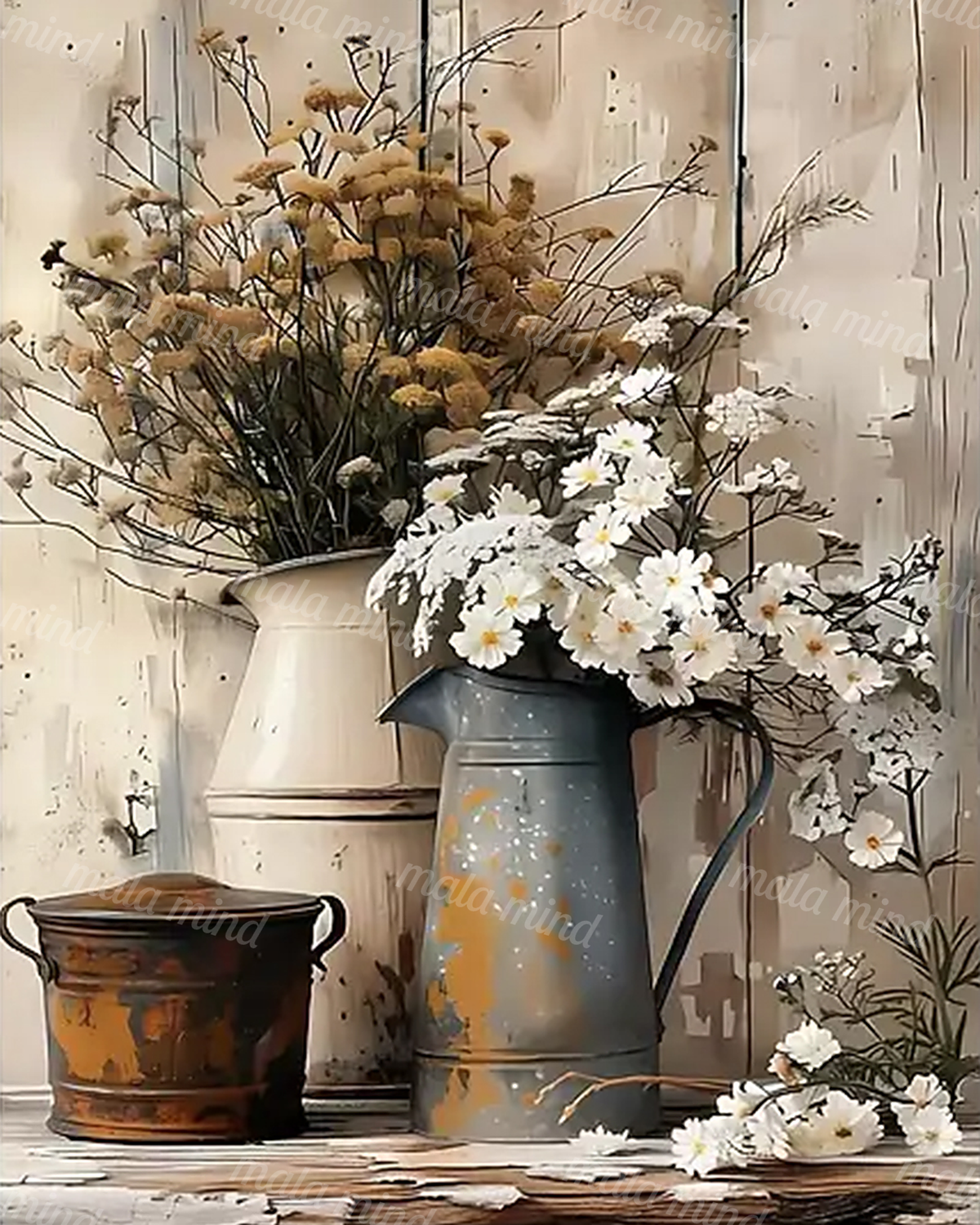 Rustic still life of white flowers and tan branches in blue-gray, cream, and dark vessels — 02_master_artwork