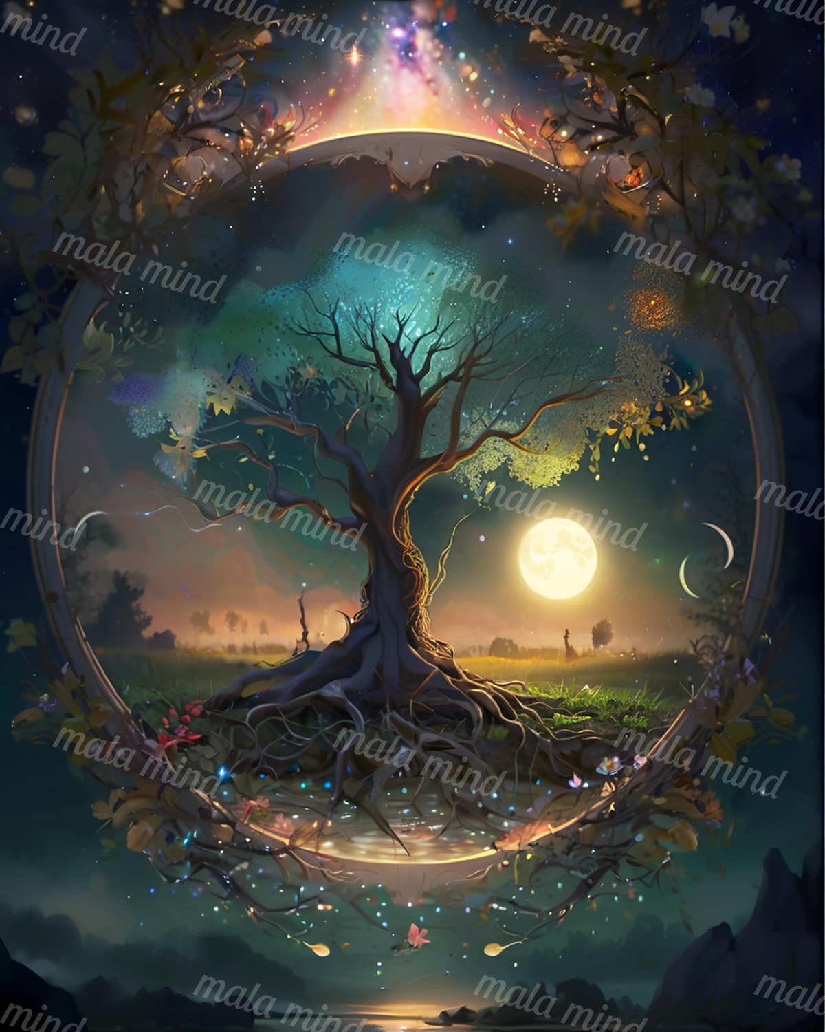 Moonlit ancient tree with exposed roots, glowing stars, vines, distant hills, and a full moon — 02_master_artwork