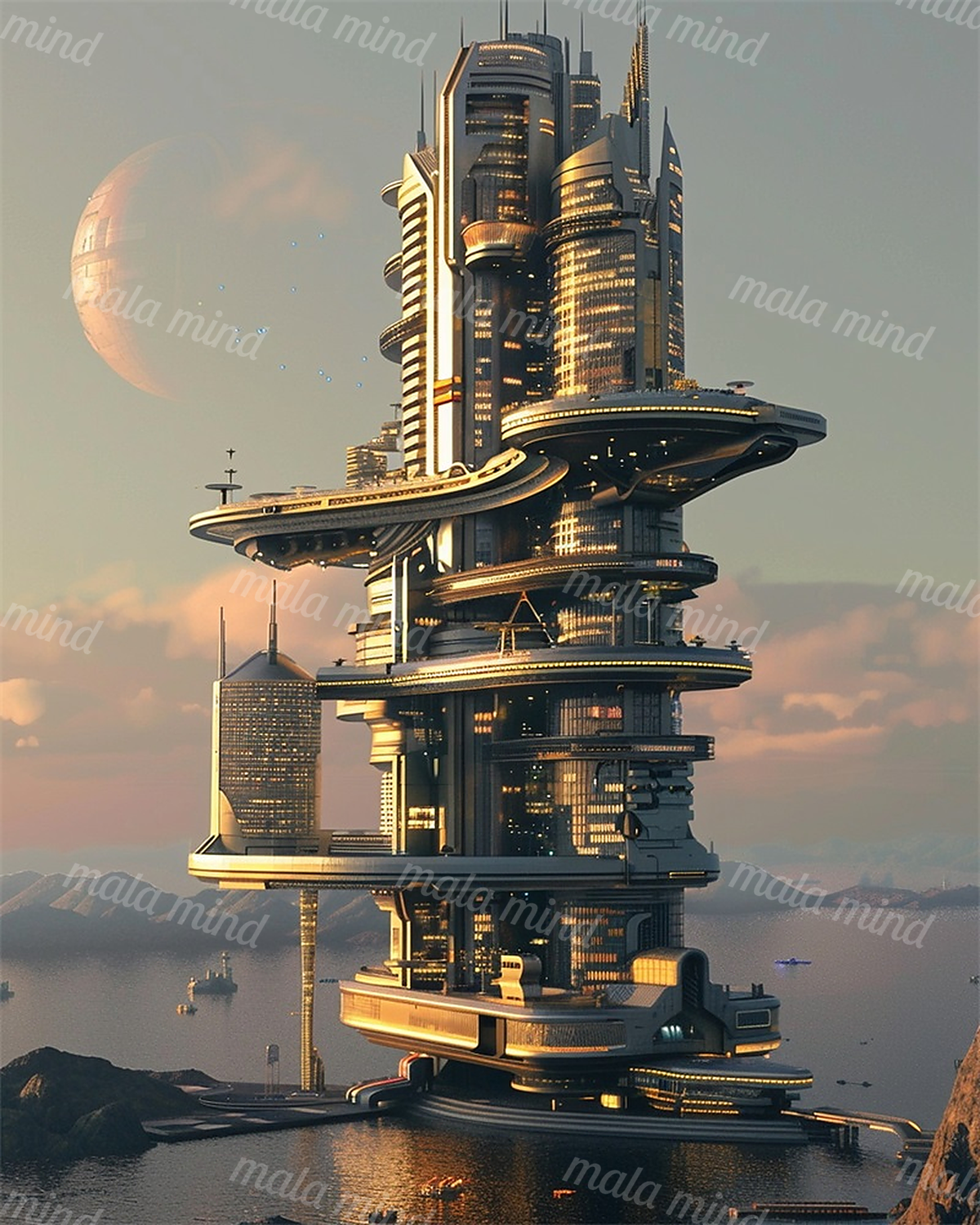 Futuristic illuminated tower with stacked platforms above a waterfront, mountains, airborne vehicles, and a large moon — 02_master_artwork