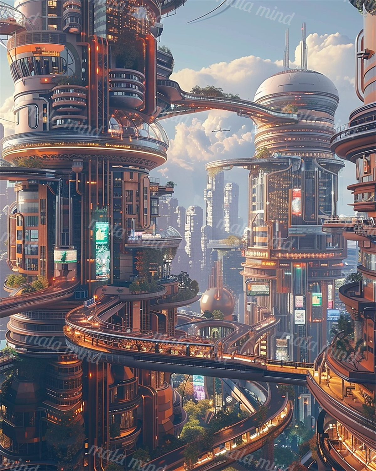 Futuristic cityscape with rounded towers, glowing skybridges, rooftop greenery, and blue skies — 02_master_artwork