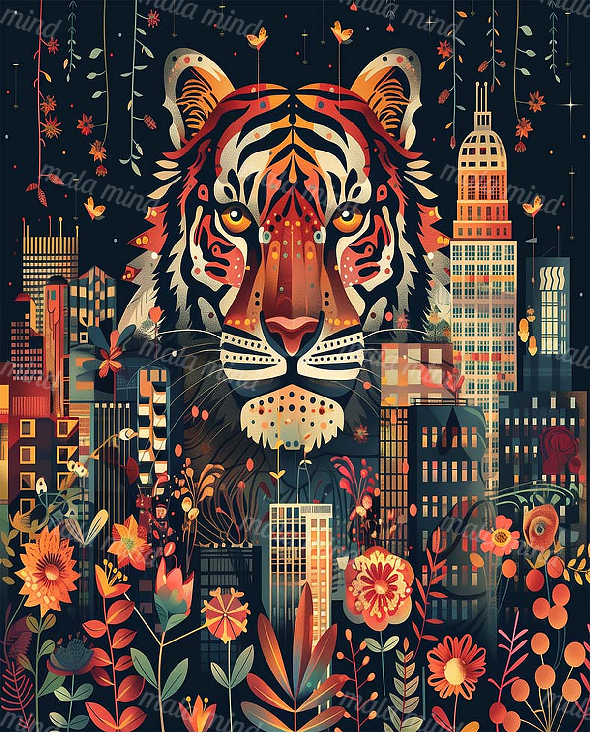 Symmetrical tiger portrait framed by colorful flowers, vines, butterflies, and geometric city buildings — 02_master_artwork