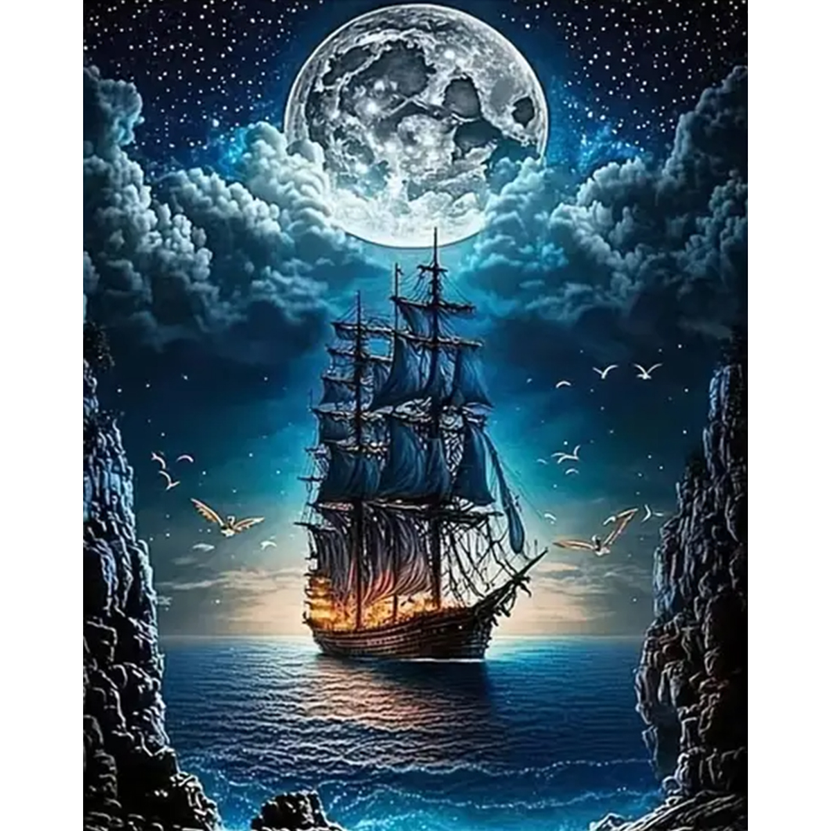 Tall sailing ship on moonlit water between rocky cliffs, beneath a large full moon and starry sky — 02_master_artwork